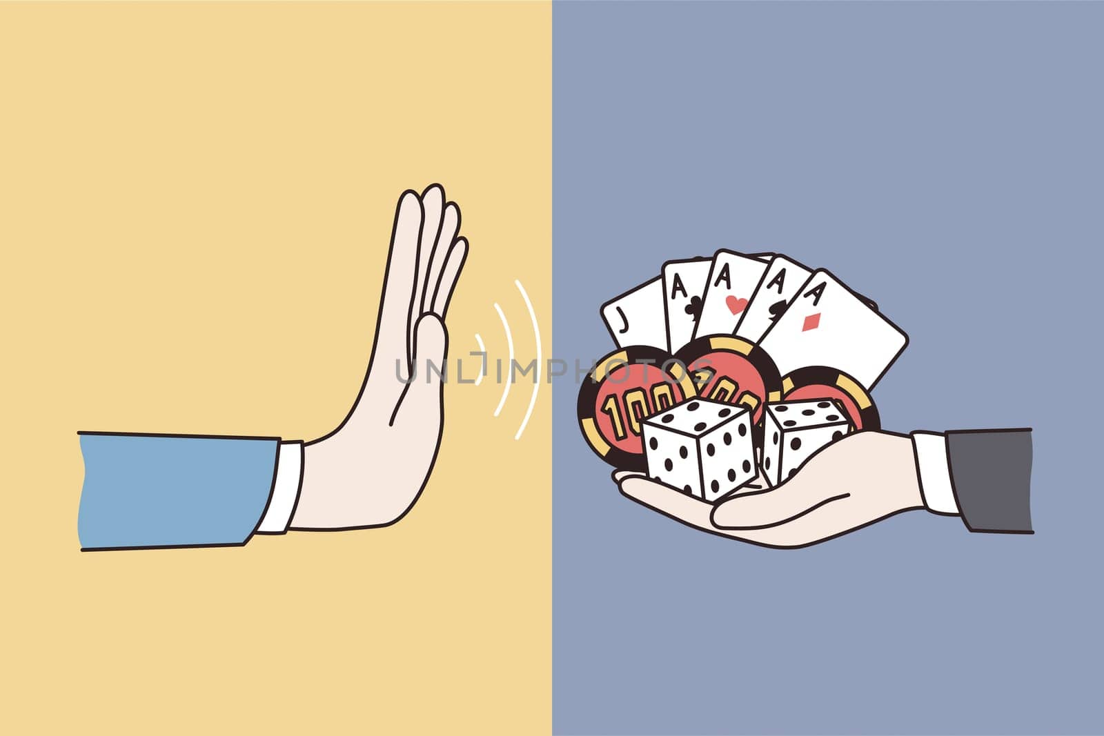 Refusal from gambling lifestyle concept. Human hand making no refusal denying sign from another hand holding cards and playing chips