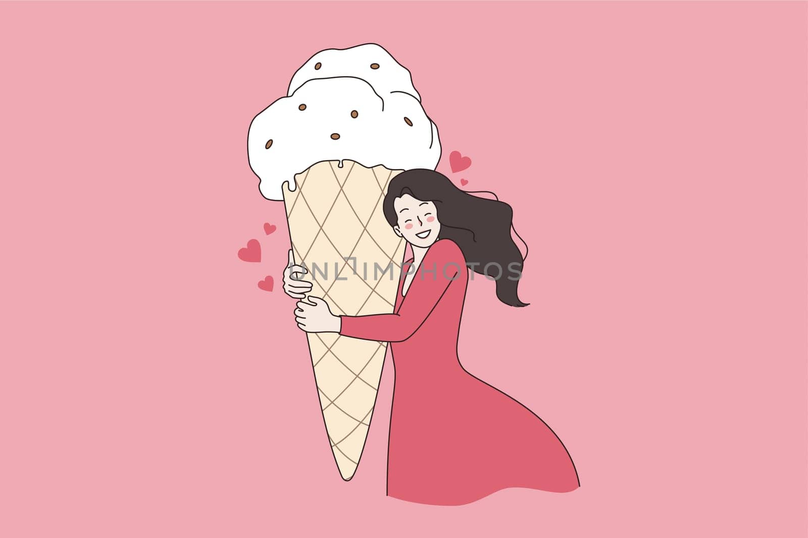 Sweets dessert and food treatment concept. Young smiling brunette woman standing holding huge sweet ice cream cone in hands vector illustration