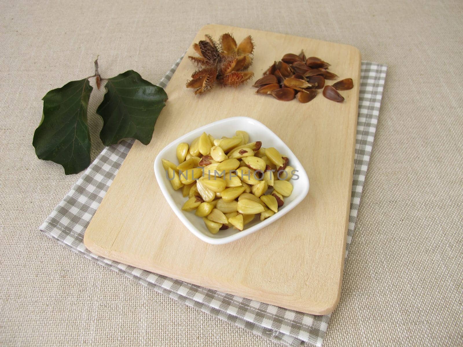 Shelled and cooked beechnuts in a small bowl