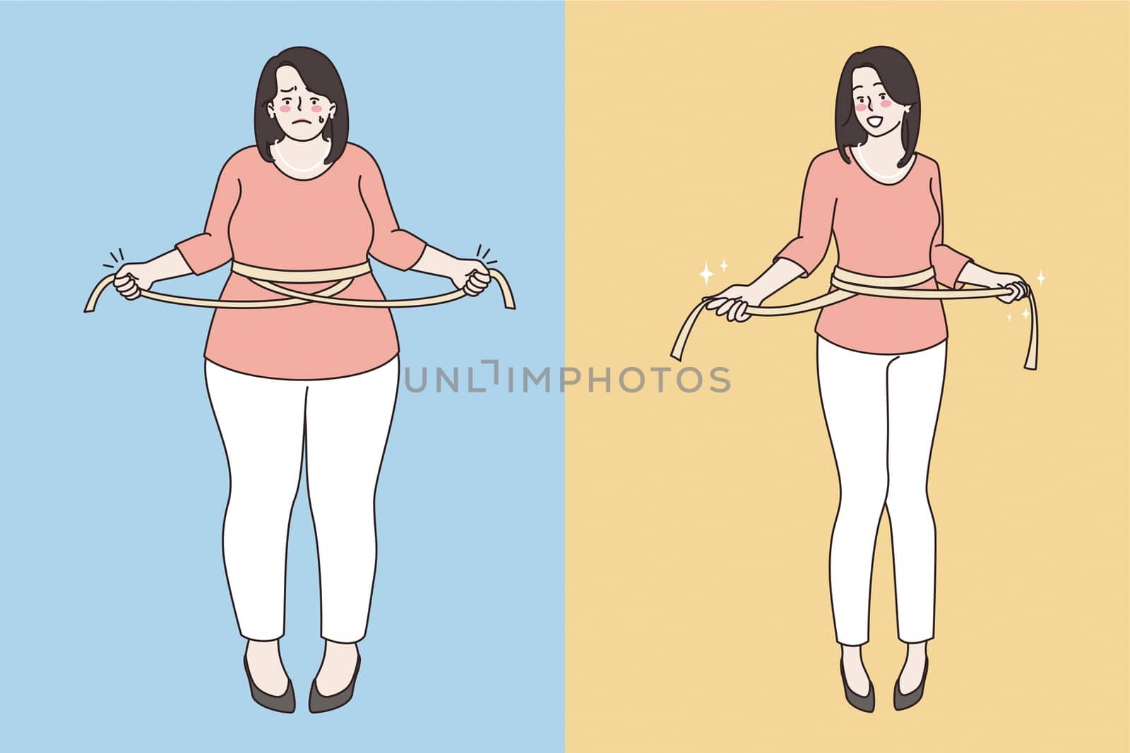 Slimming and loosing weight concept. Young sad fat woman and happy slim girl standing using waist ruler amount for measuring body vector illustration