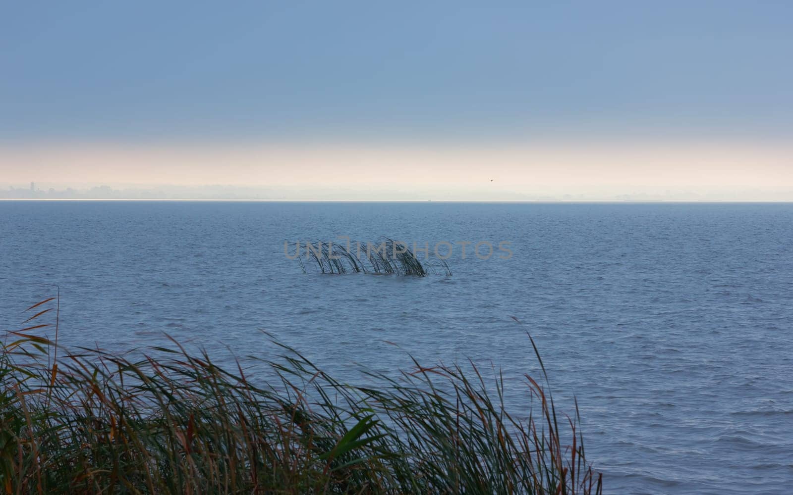 Gloomy windy rainy morning on the lake is lit up with gentle pink sunlight on the horizon. Hope concept. Dark seascape background with copy space. Lake Nero, Yaroslavl oblast, Russia.