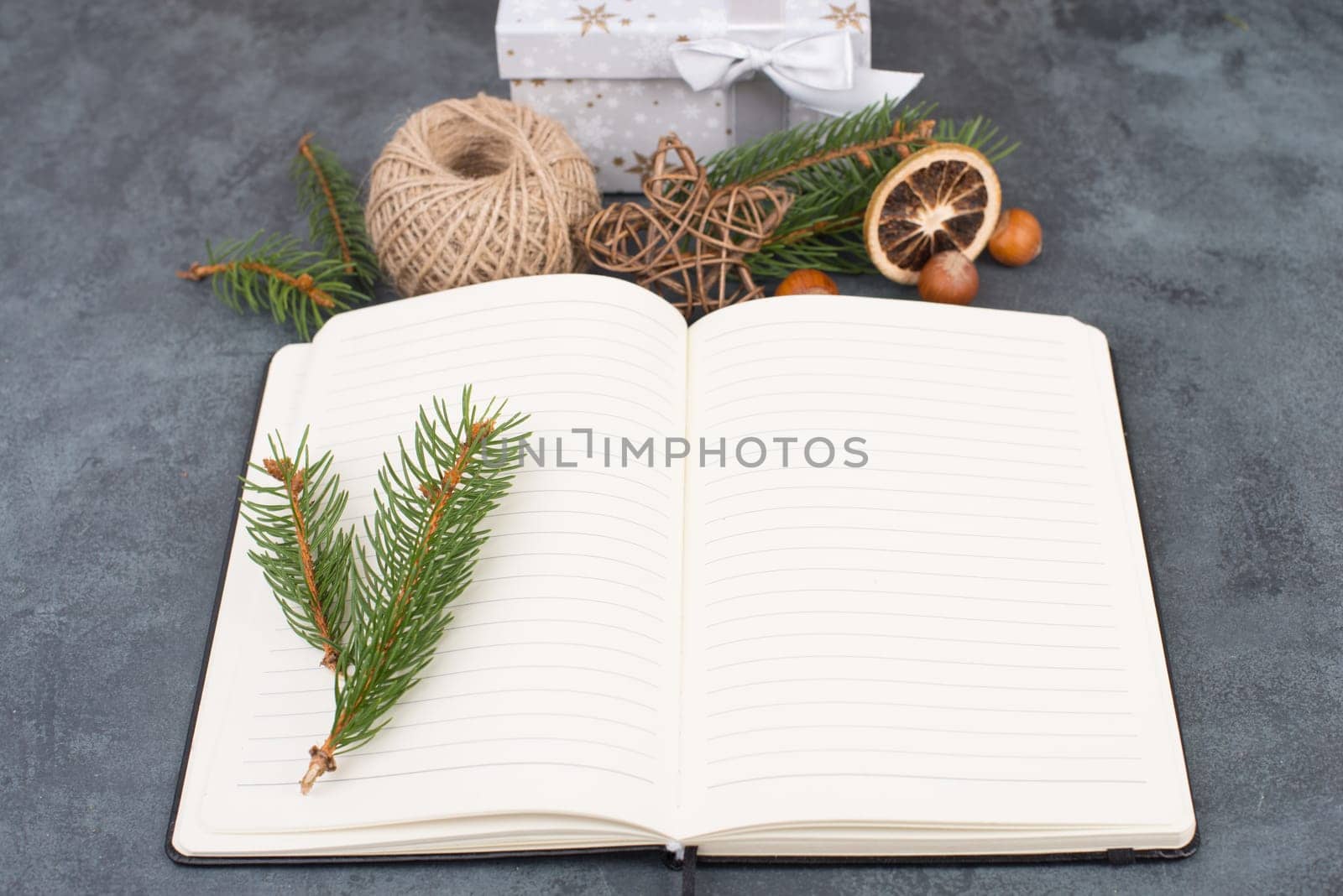Empty notebook with christmas decoration, branch of fir, nuts, stars and spice
