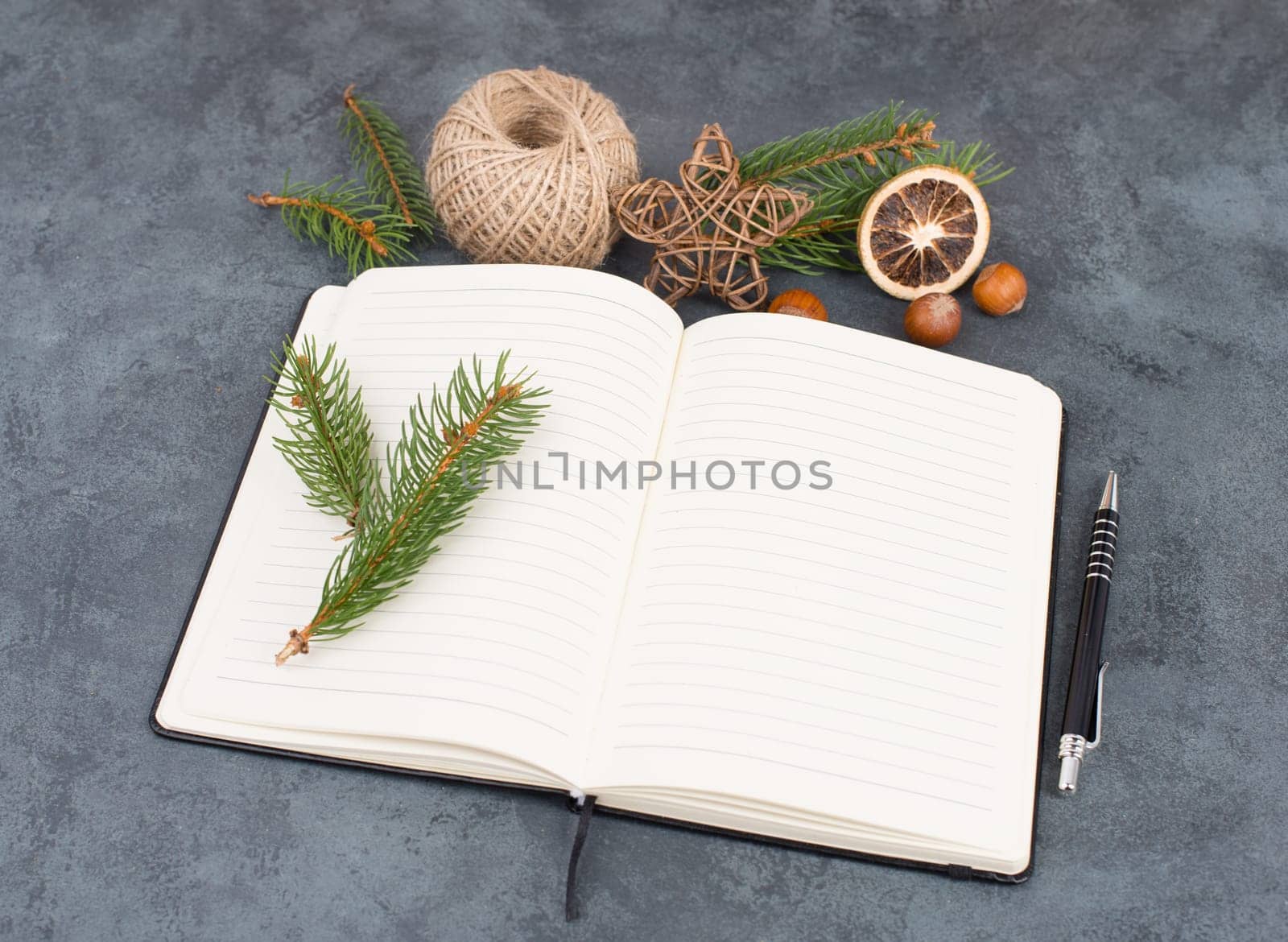 Empty notebook with christmas decoration, branch of fir, nuts, stars and spice