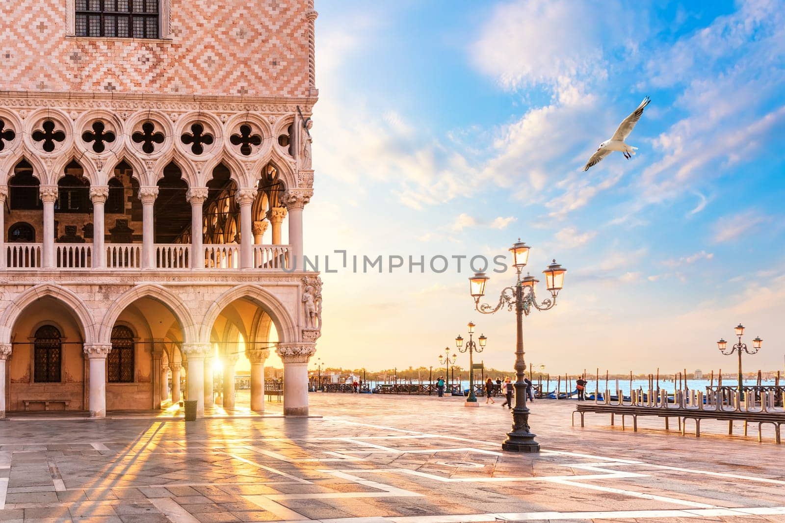 Doge's Palace and gondolas pier on Piazza San Marco, Venice, Italy.