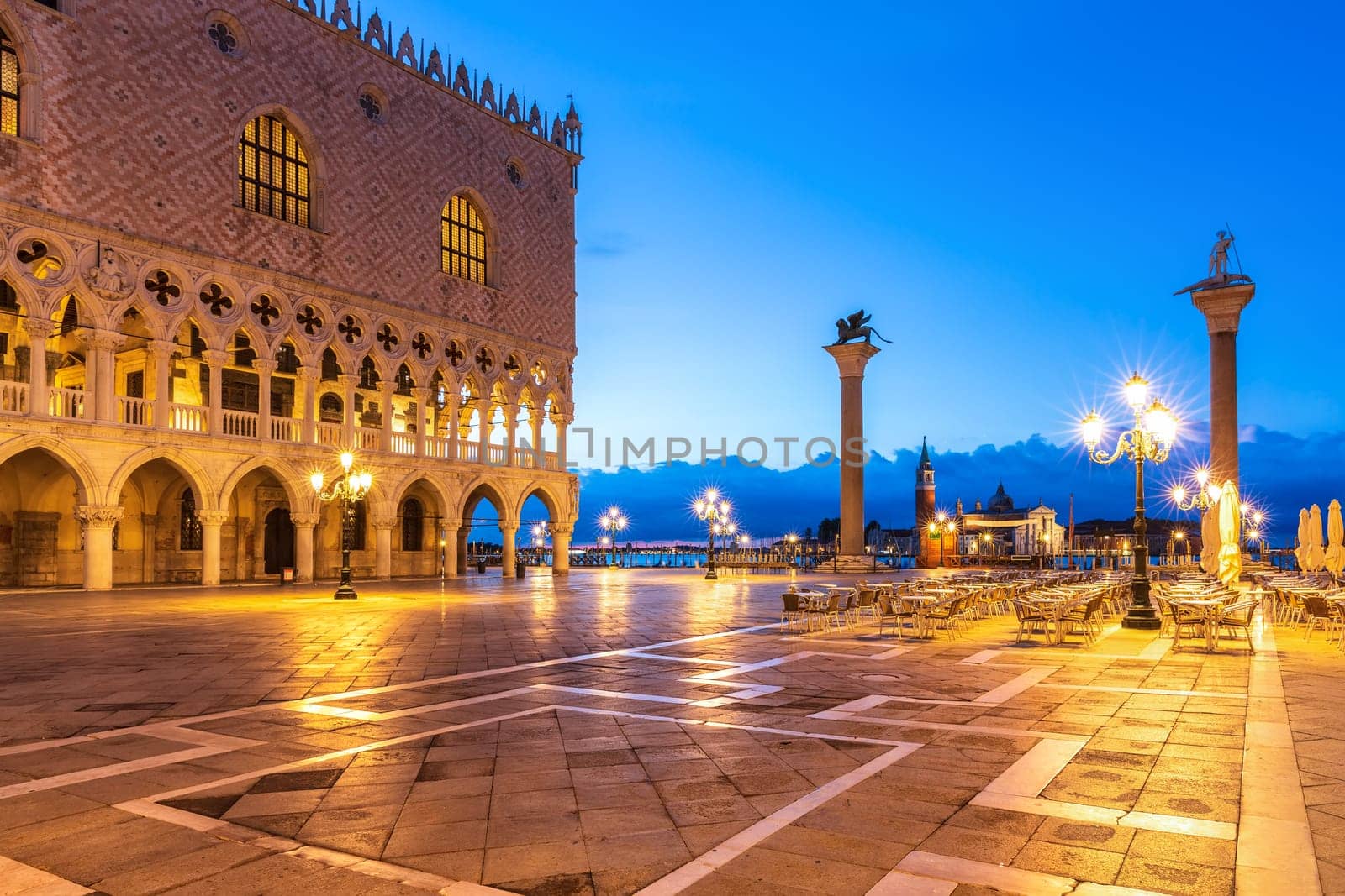 Venetian Square Piazza San Marco with Column of San Teodoro and and Doge's Palace, Venice.