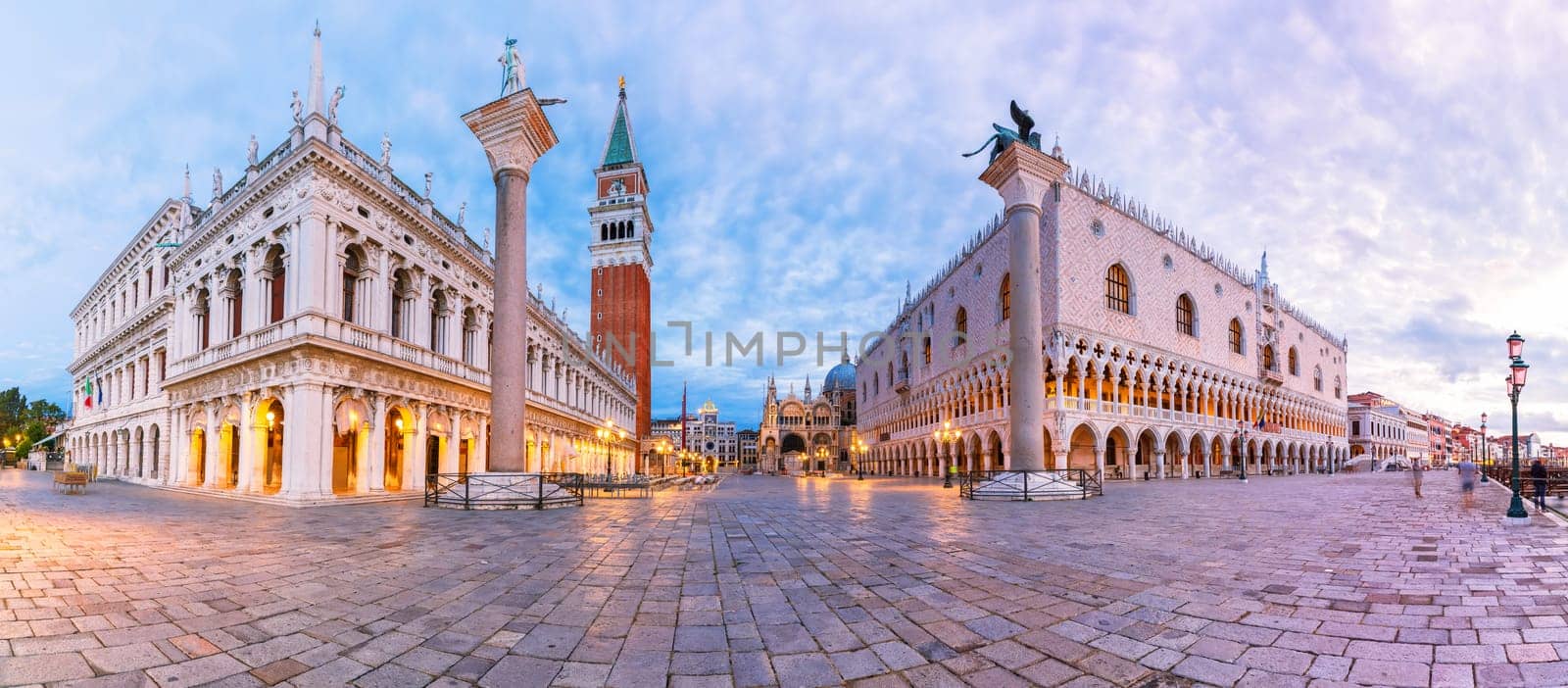 Piazza San Marco, Column of San Teodoro, National Library, Doge's Palace and St Mark's Basilica, Venice.