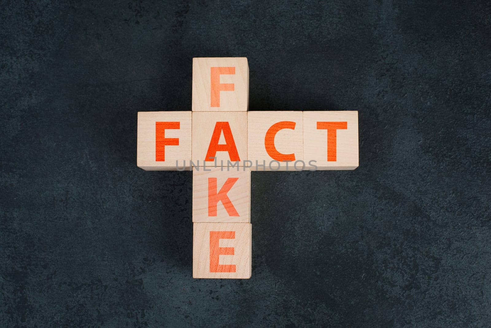 The words fact and fake are standing on wooden blocks in red letters