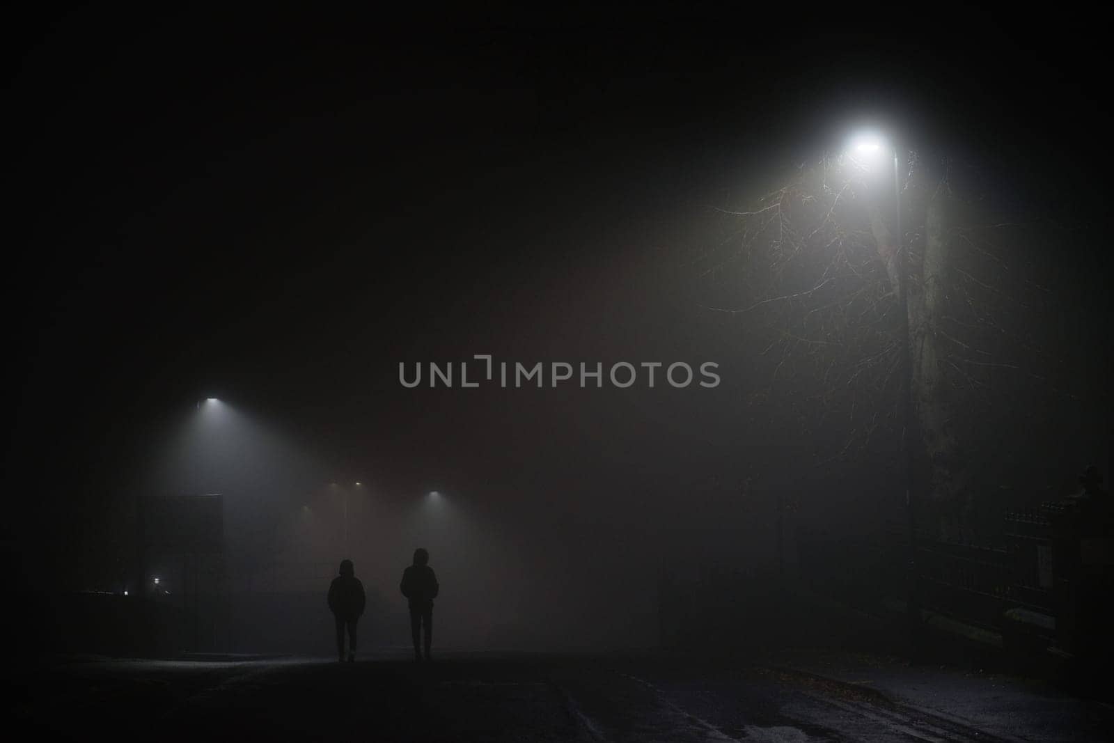 Two mysterious hooded men walk away down a dark foggy road, lit by dim white street lamps. Both figures wear coats and walk with hands in pockets.