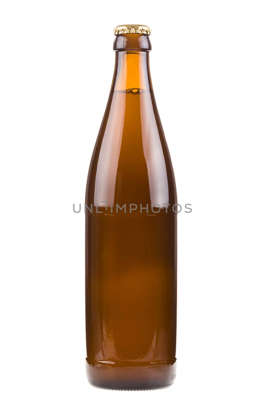 Generic brown beer bottle, sealed and filled with beer isolated on white background
