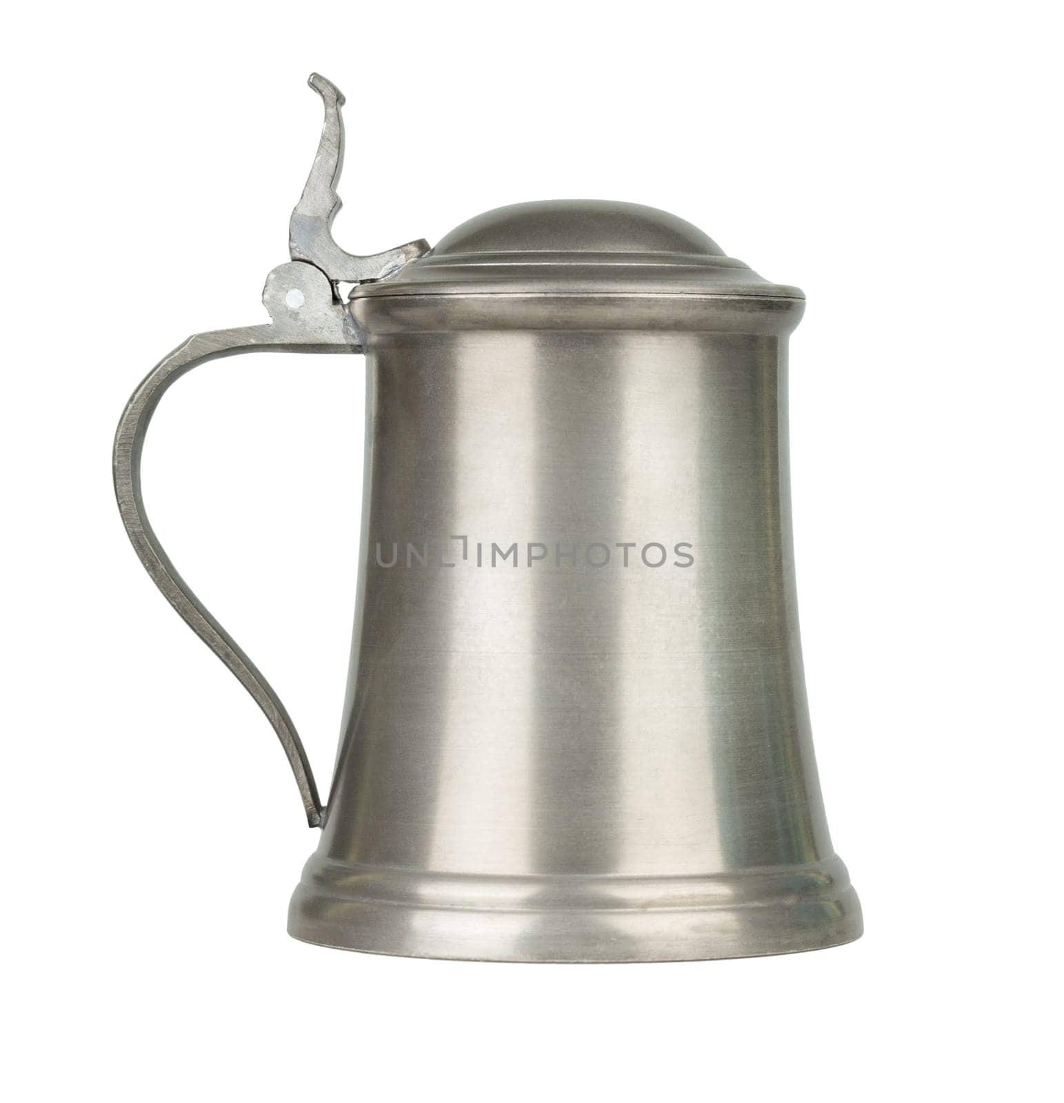 Metallic beer mug with beer isolated on white