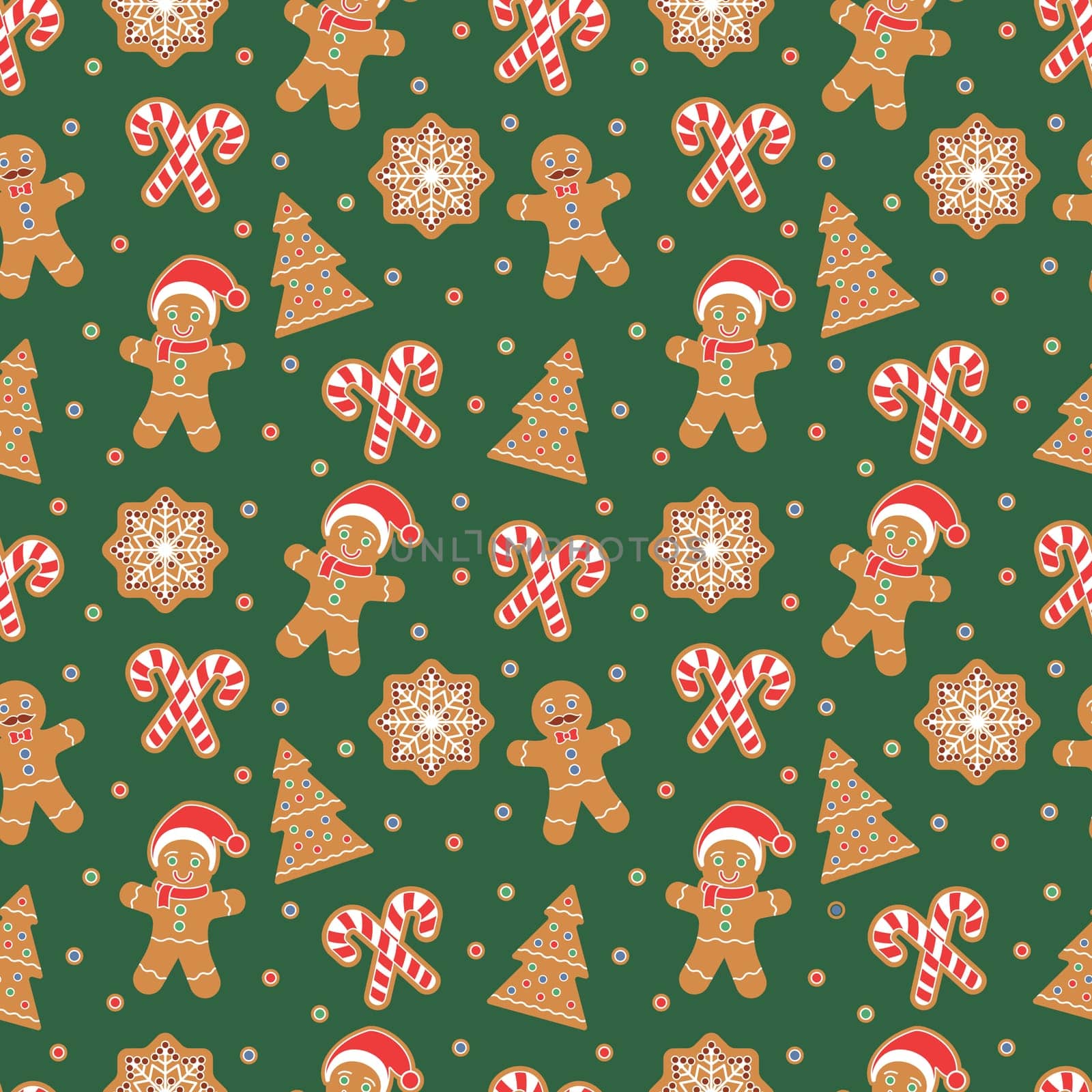 Christmas seamless pattern with gingerbread man cookies. Snow flake, Christmas Tree, candy cane. Graphic design element for packaging paper, prints, scrapbooking. Vector illustration