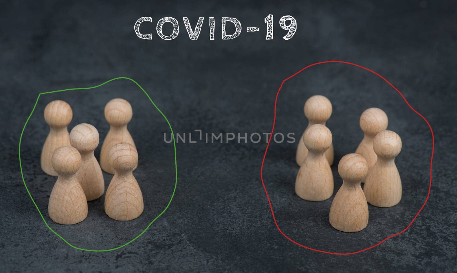 Two groups are standing in drawn circles, green and red color, vaccinatedand unvaccinated against covid-19