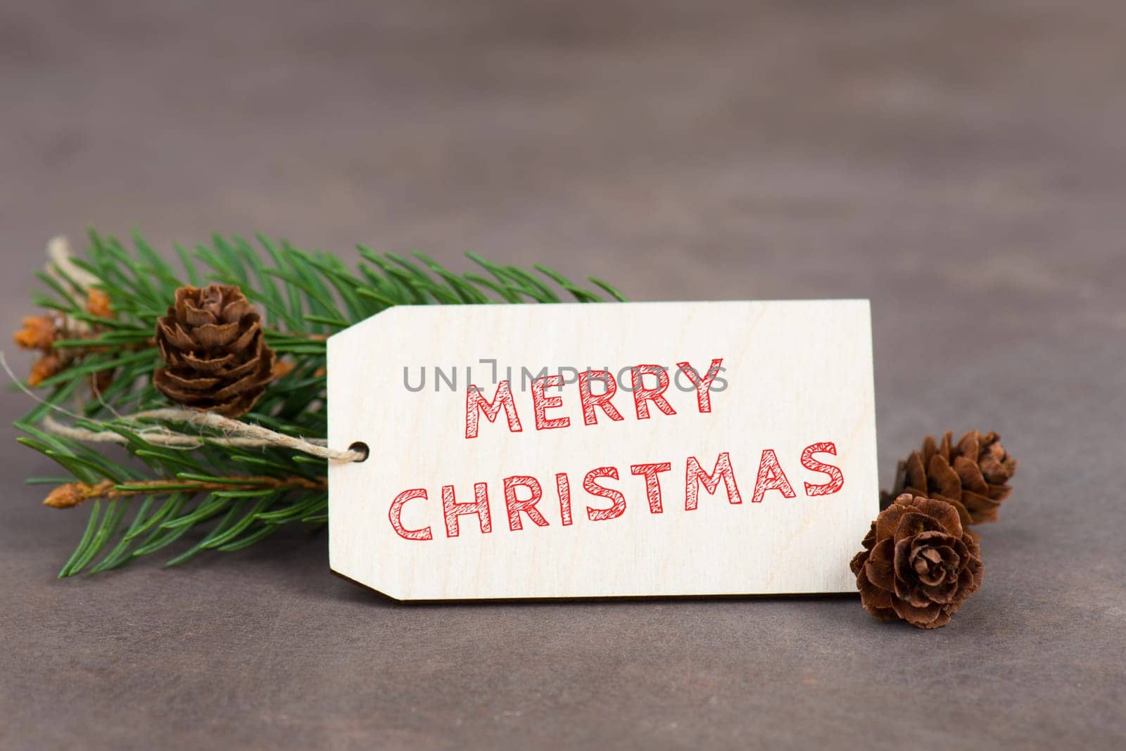 Merry christmas is standing on a sign, branch of fir and cones, textured brown background