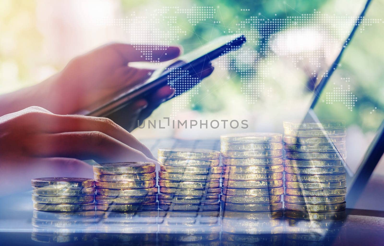 Double exposure, Technology network and online banking and internet banking and networking people concept, Hand young women with notebook computer and laptop, phone, cellphone, tablet, smartphone mobile, and credit card with coin money on business office table