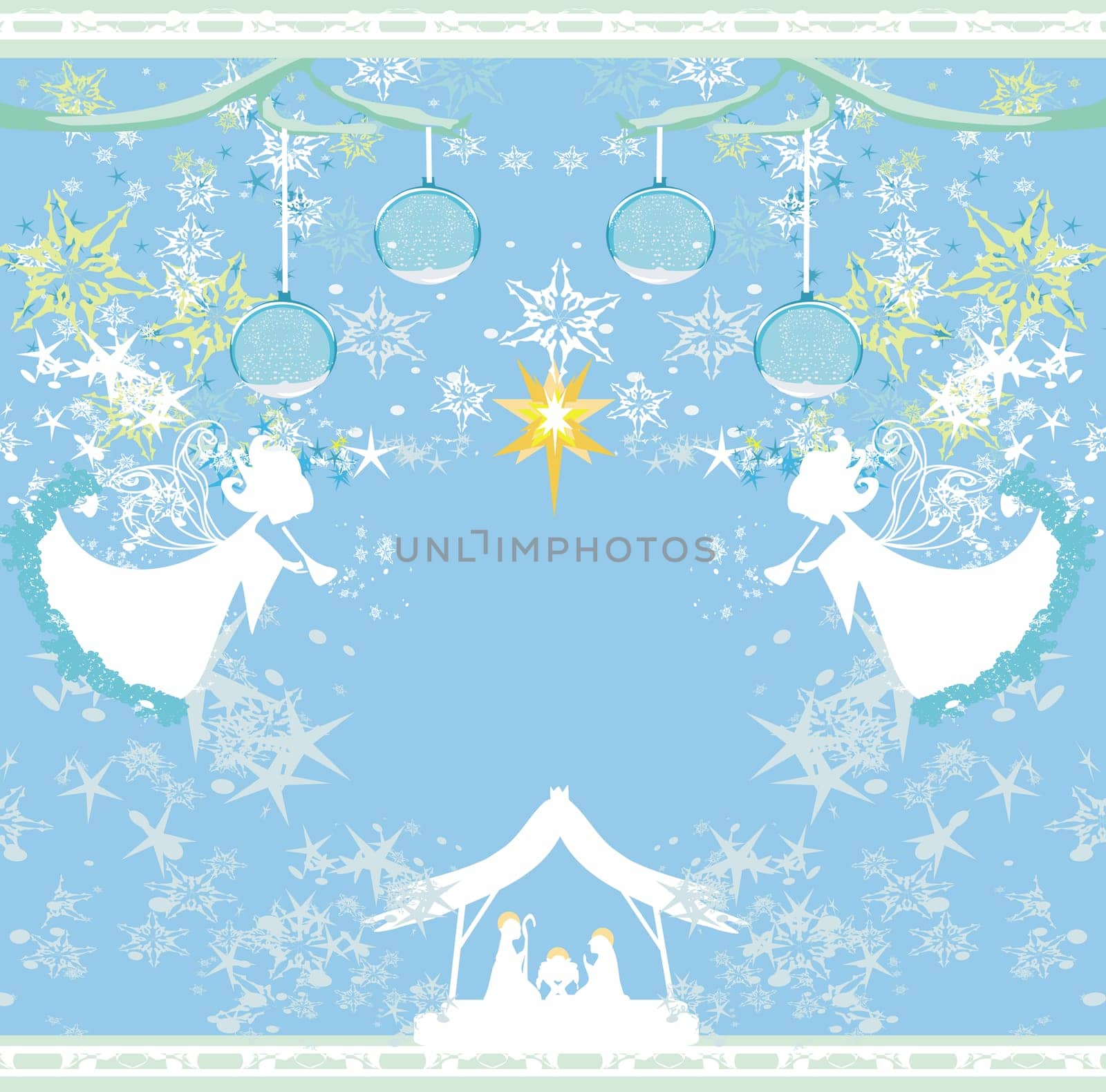 Decorated background with angels and Bethlehem.