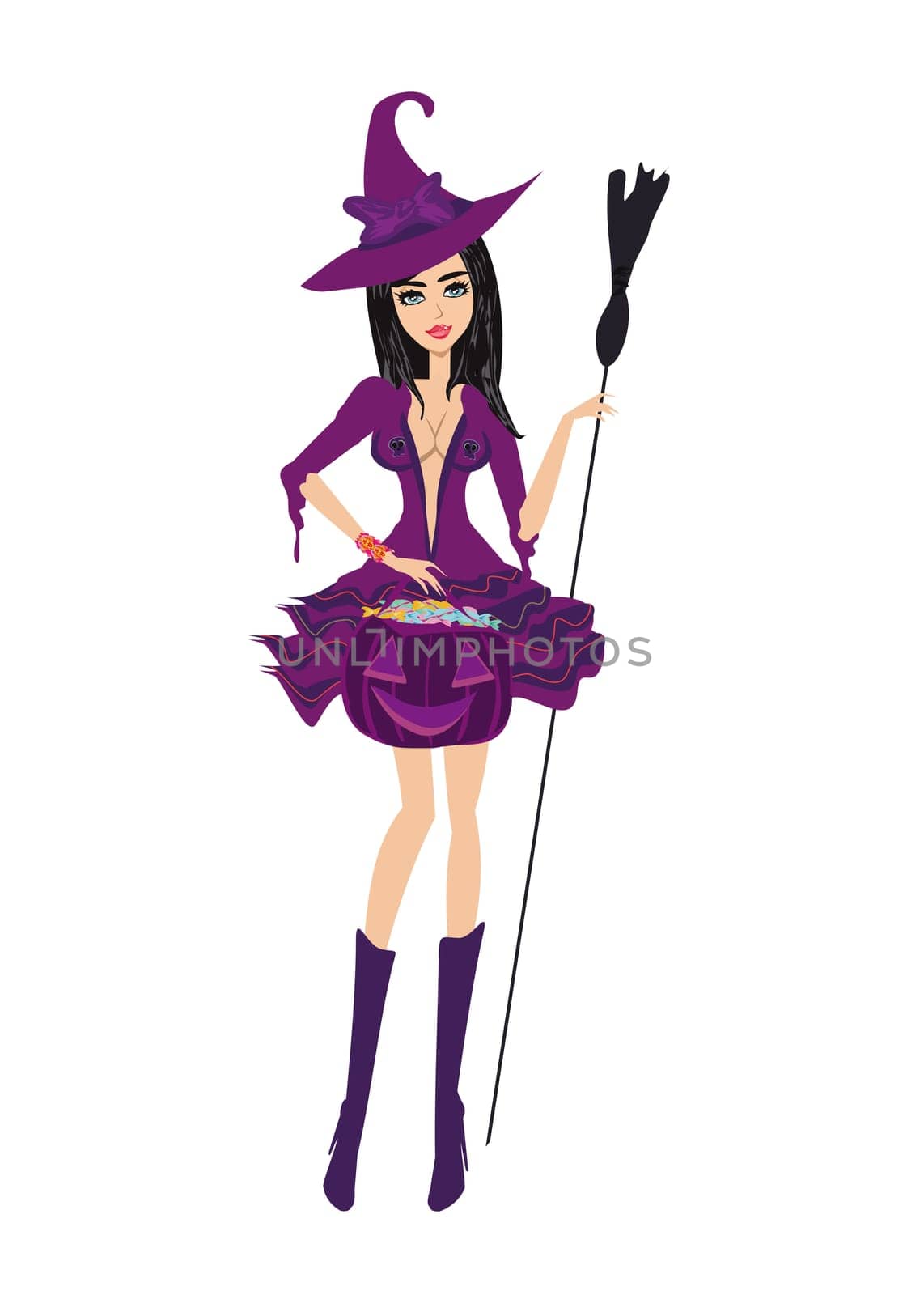 beautiful witch standing with pumpkin full of candy