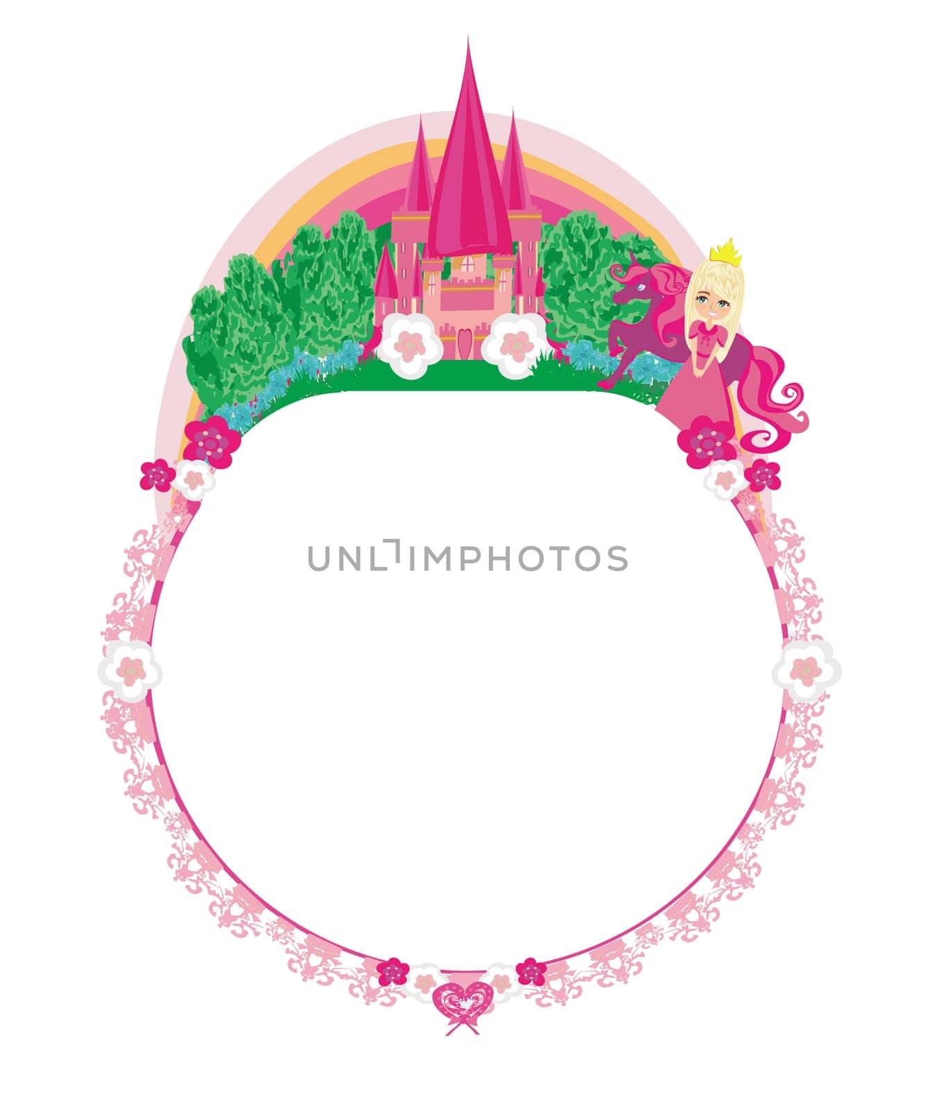 frame with a cute unicorn and sweet little Princess
