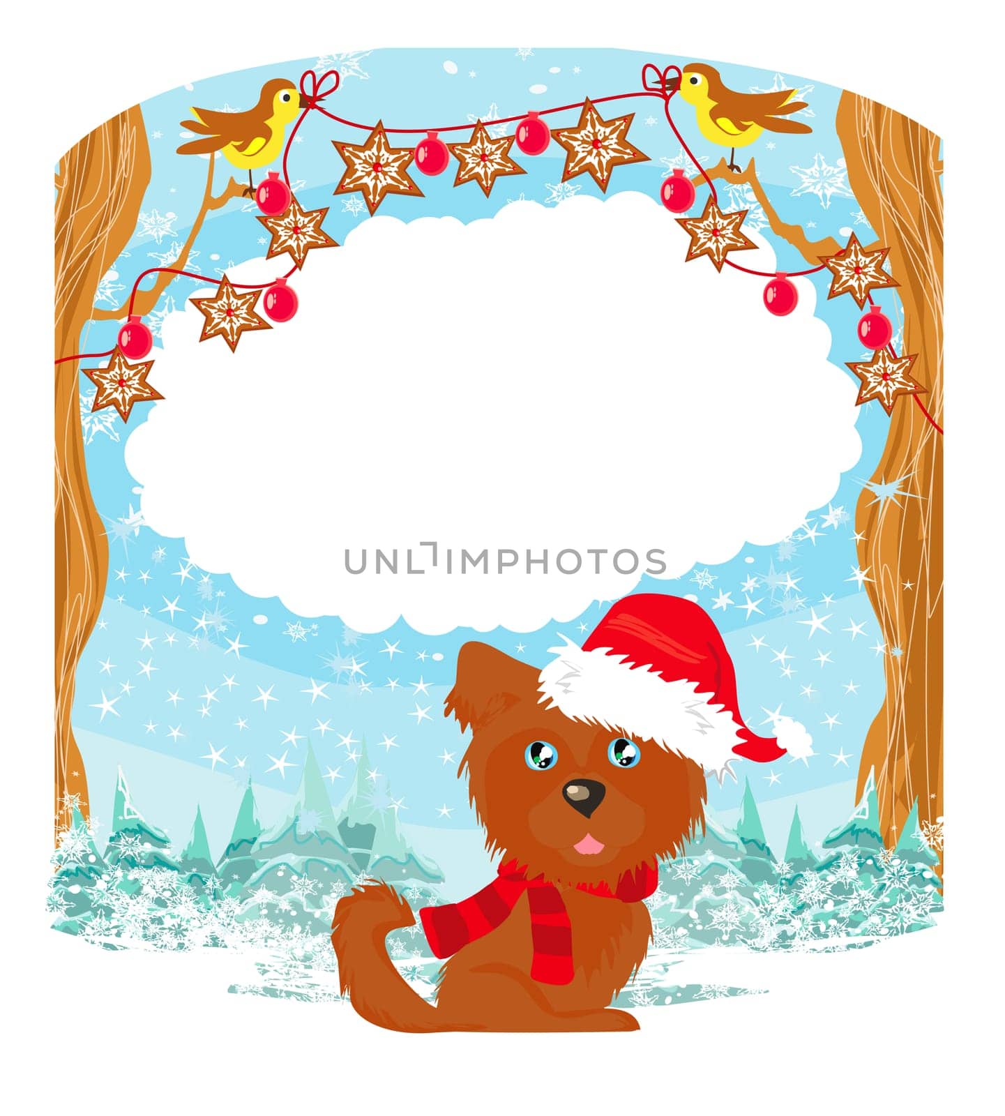 Christmas And New Year Design Card With Happy Dog In Santa Hat