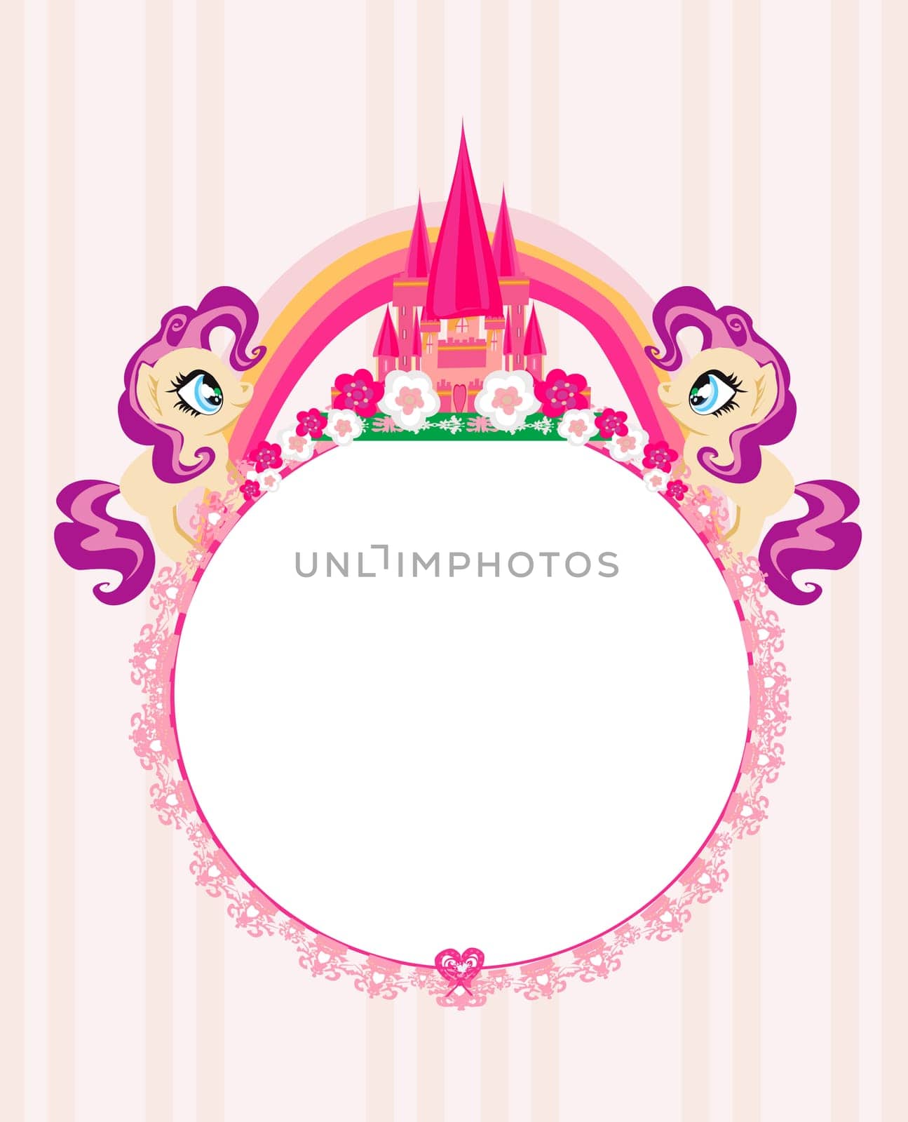 Cute unicorns and fairy-tale princess castle frame