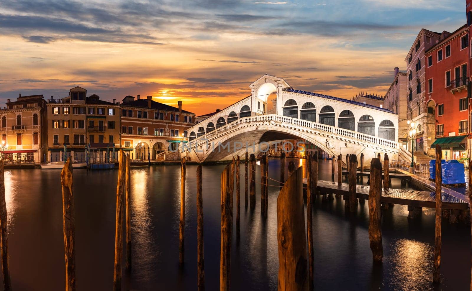 The Rialto bridge panorama at sunset, Venice, Italy.