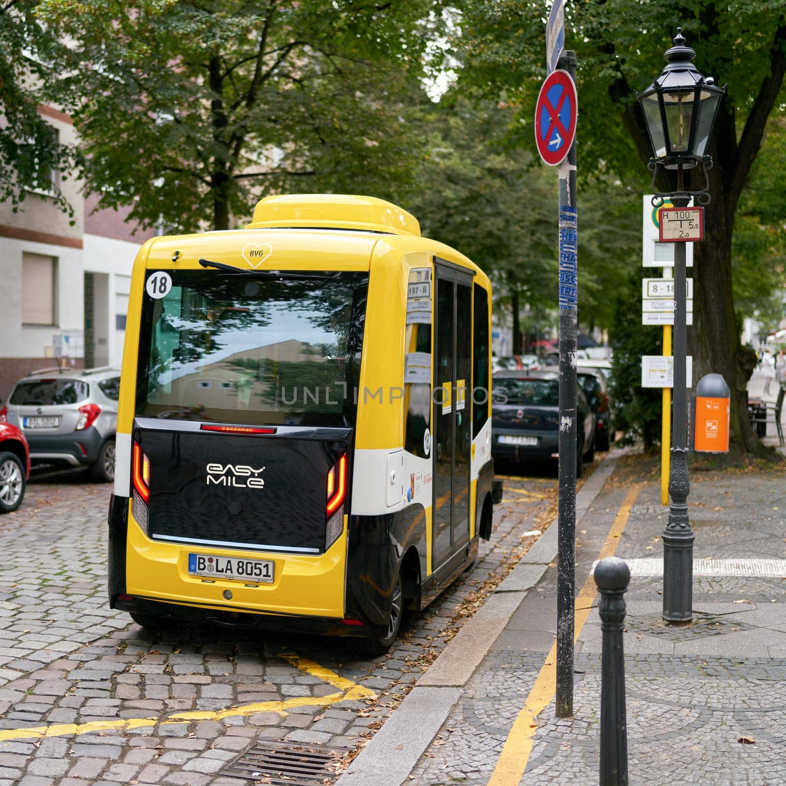 Self-driving autonomous bus as a project of BVG (Berliner Verkehrsbetriebe) in the test phase in the Berlin district of Tegel