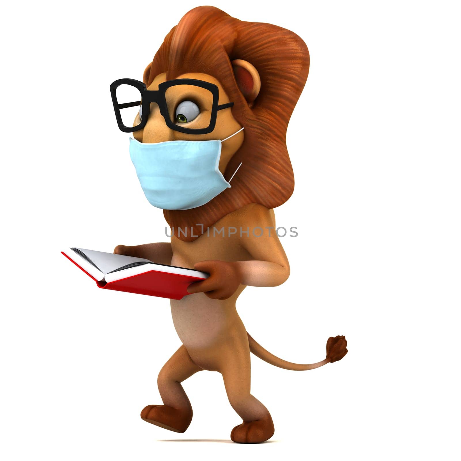 Fun 3D illustration of a cartoon Lion with a mask