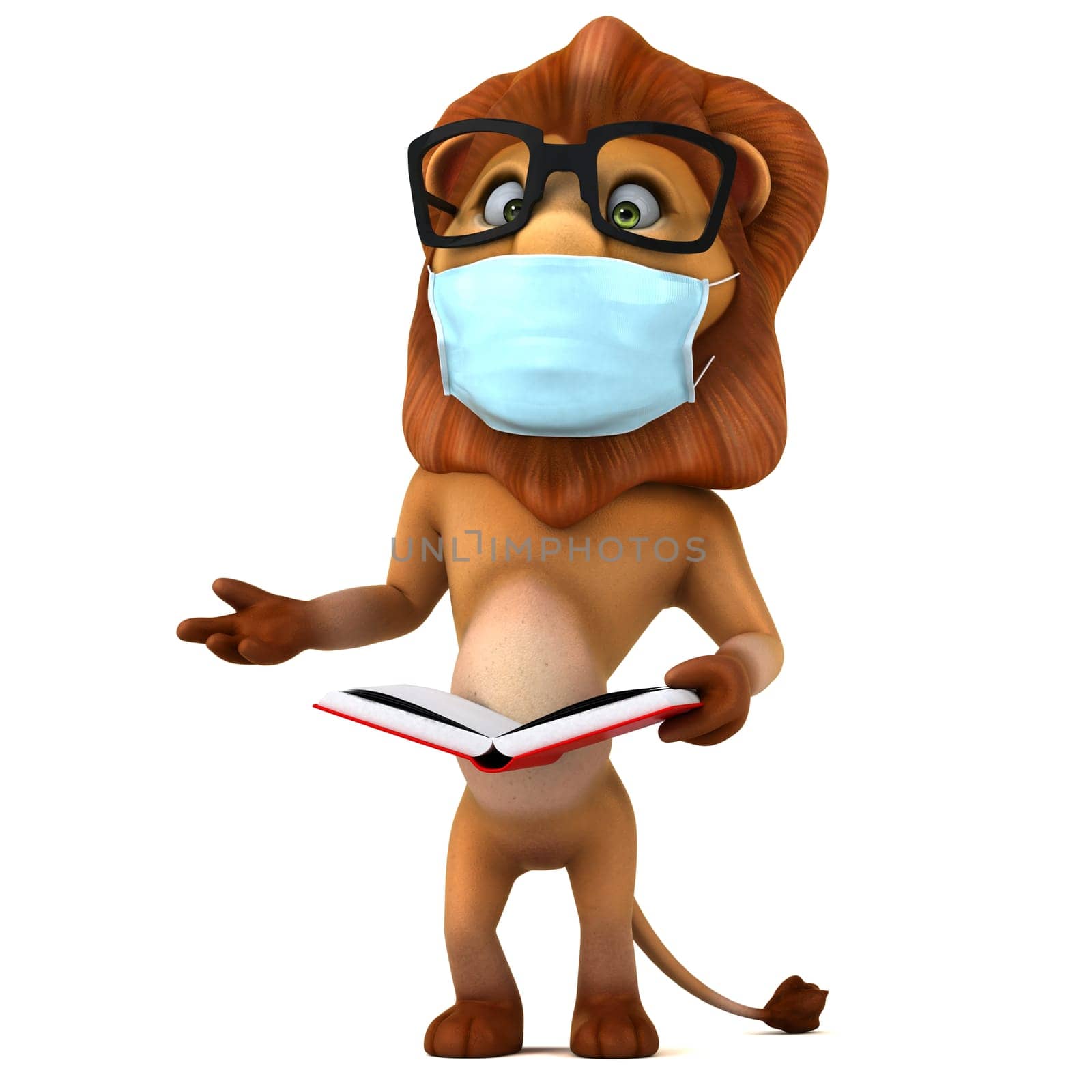 Fun 3D illustration of a cartoon Lion with a mask