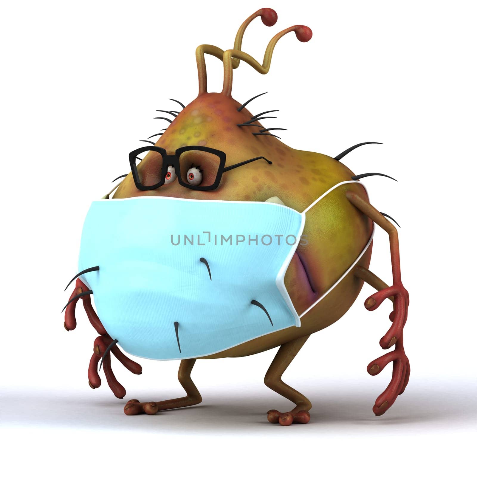 Fun 3D illustration of a cartoon microbe with a mask