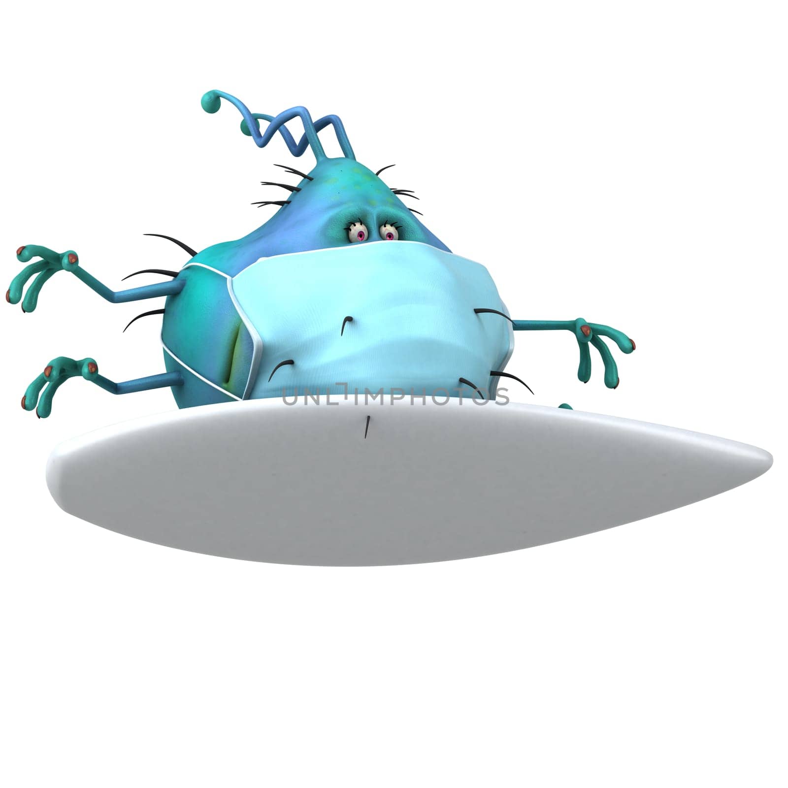 Fun 3D illustration of a cartoon microbe with a mask