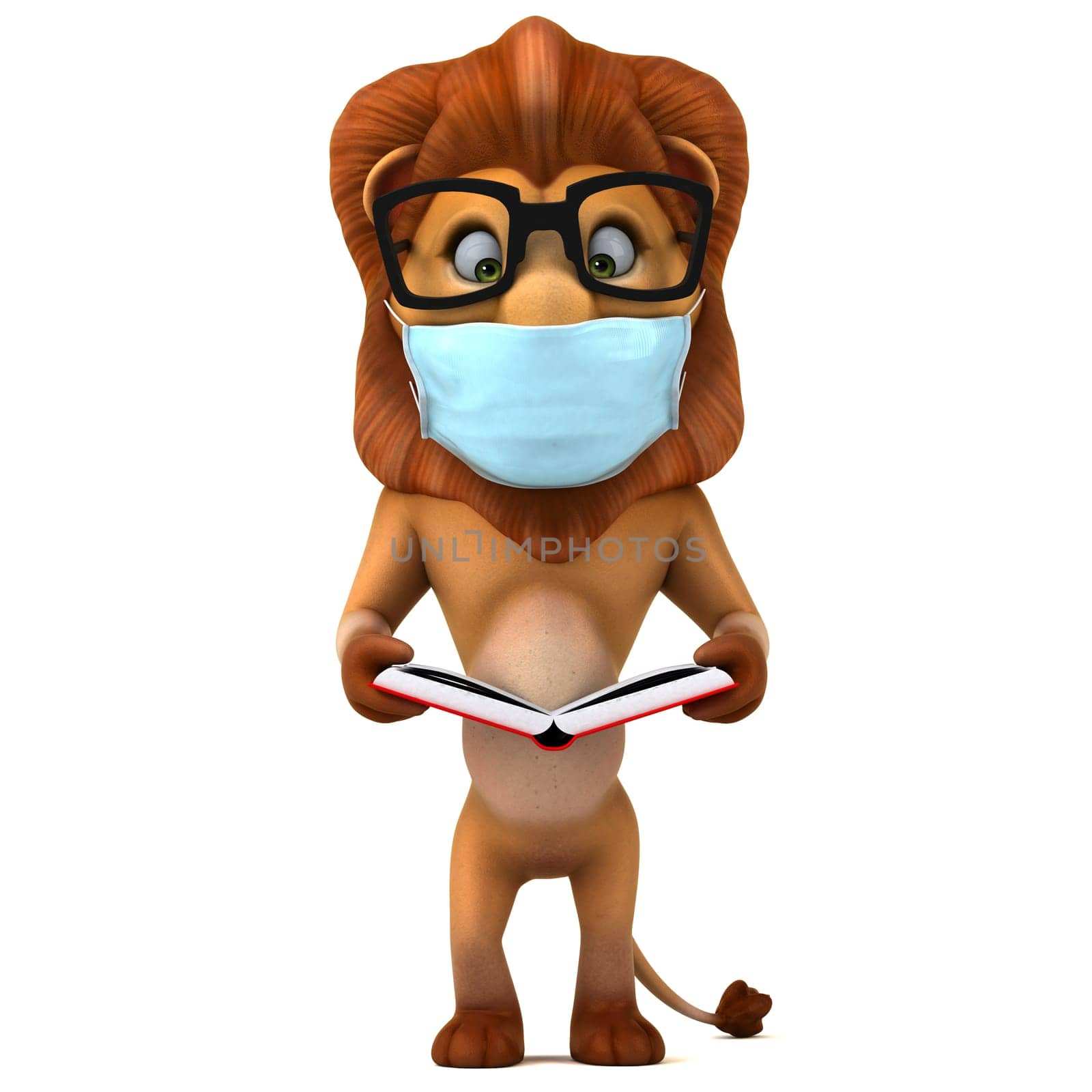 Fun 3D illustration of a cartoon Lion with a mask