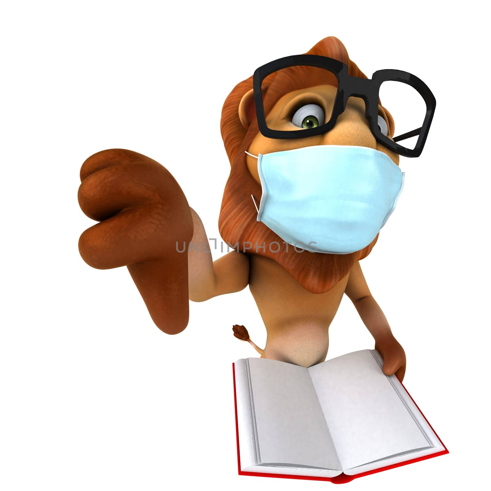 Fun 3D illustration of a cartoon Lion with a mask