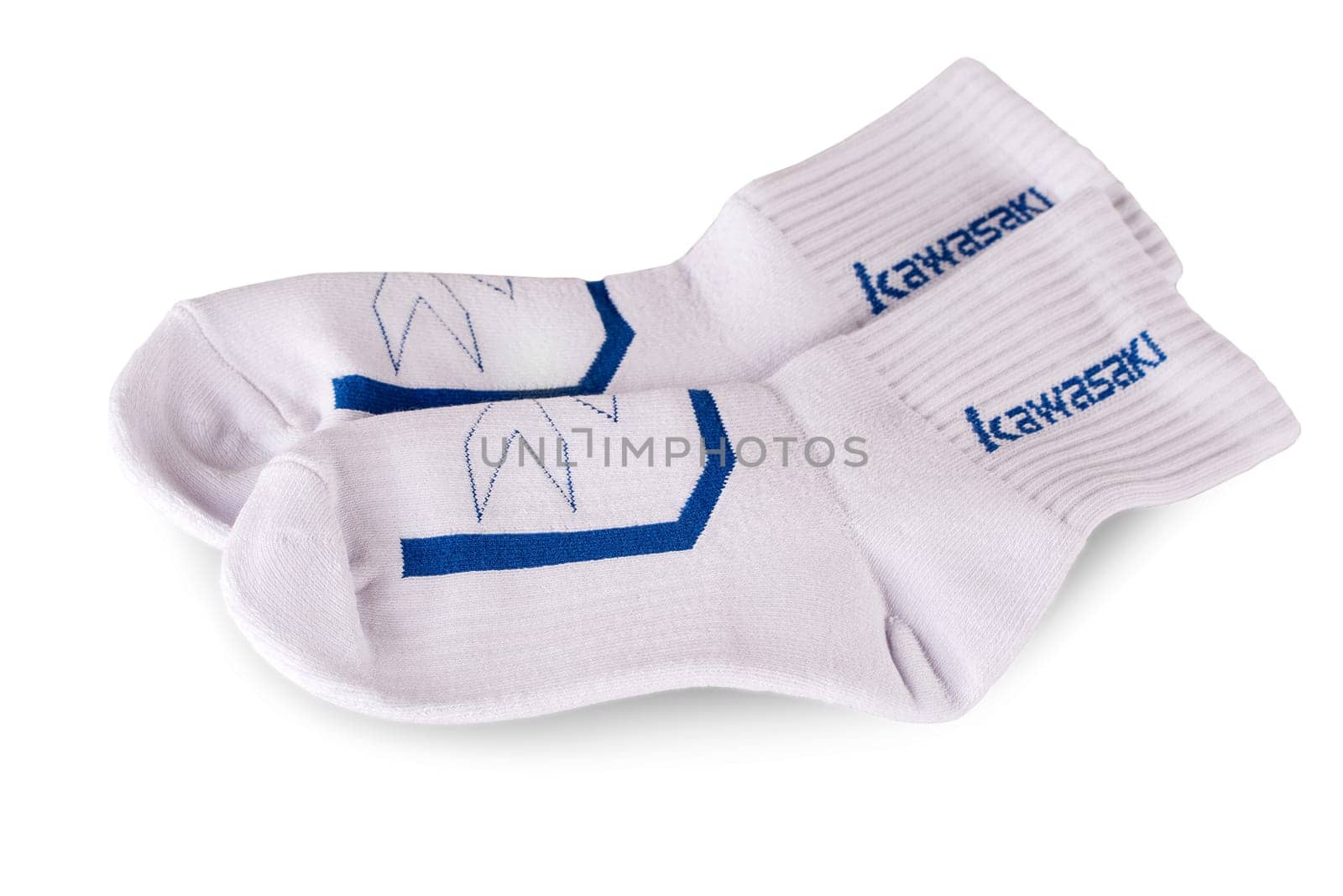 Kamchatka, Russia: August 29, 2021: Kawasaki sign on a white socks Kawasaki is a Japanese public multinational corporation primarily known as a manufacturer of motorcycles, heavy equipment, aerospace and defense