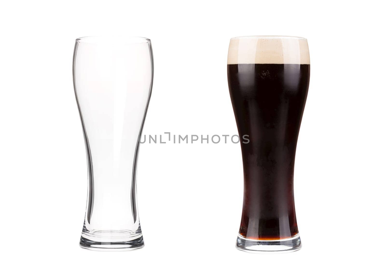 Two beer glasses isolated on white background. Mug filled with draft beer with bubbles and foam and an empty mug. Graphic design element for brewery ad, beer garden poster, flyers, printables.