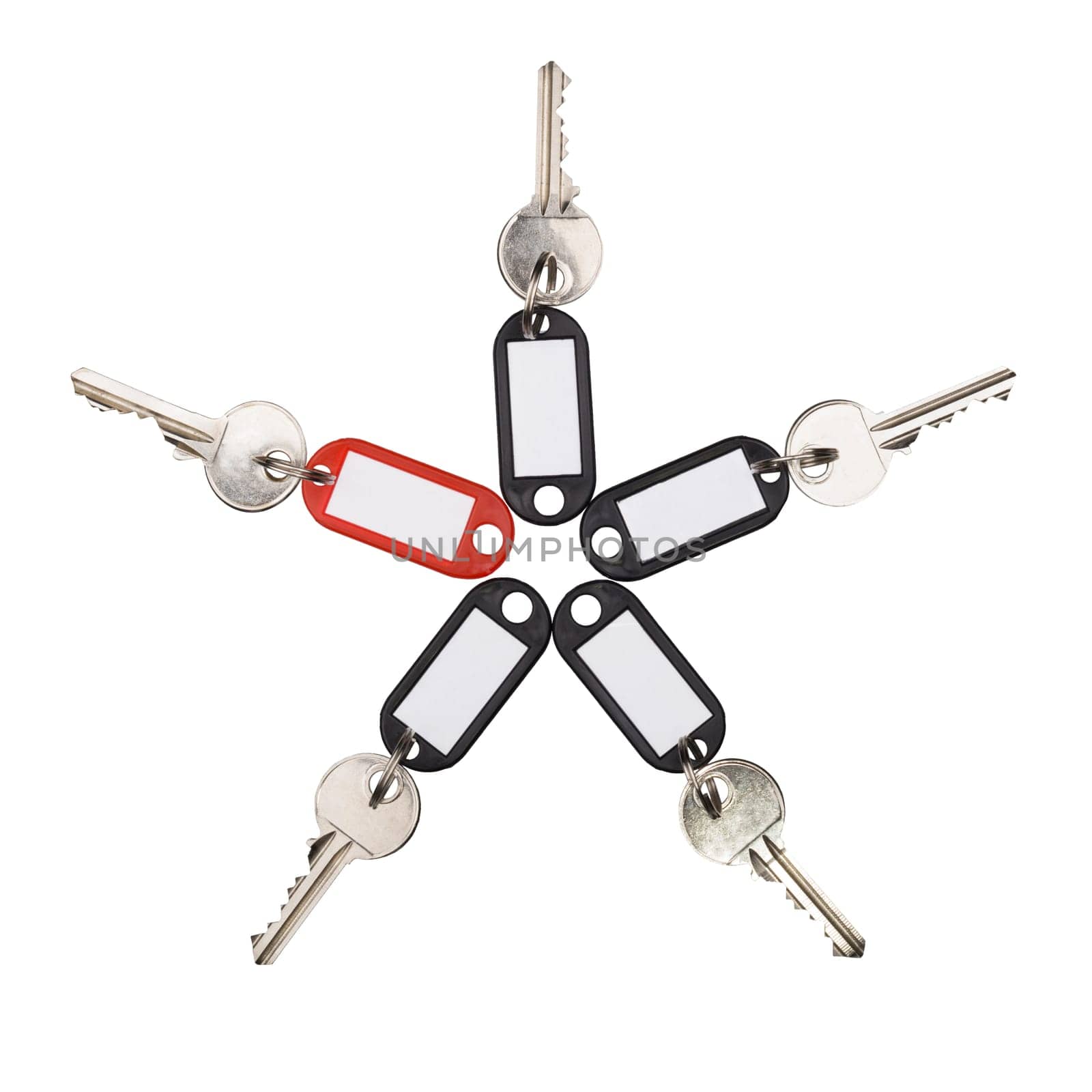 Key with tags isolated on white in a form of star. Concept of extraordinary solution.