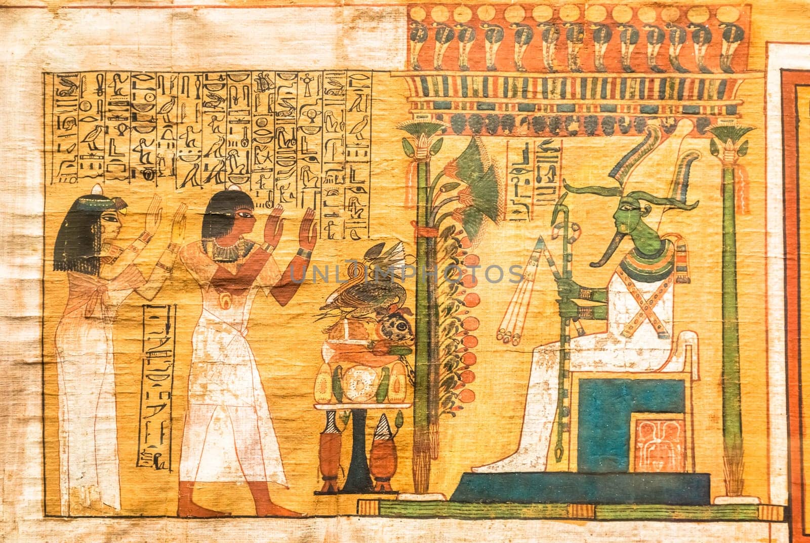 TURIN, ITALY - CIRCA MAY 2021: ancient Egyptian papyrus with hieroglyphic funerary text. Circa 1550 BC antique manuscript.