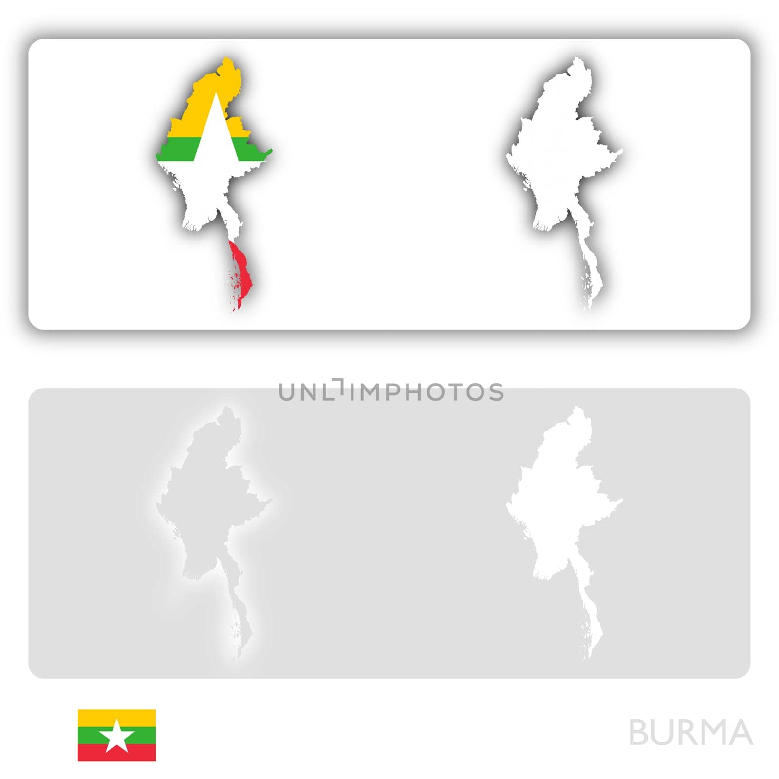 Burma map with flag and shadow on white and grey background