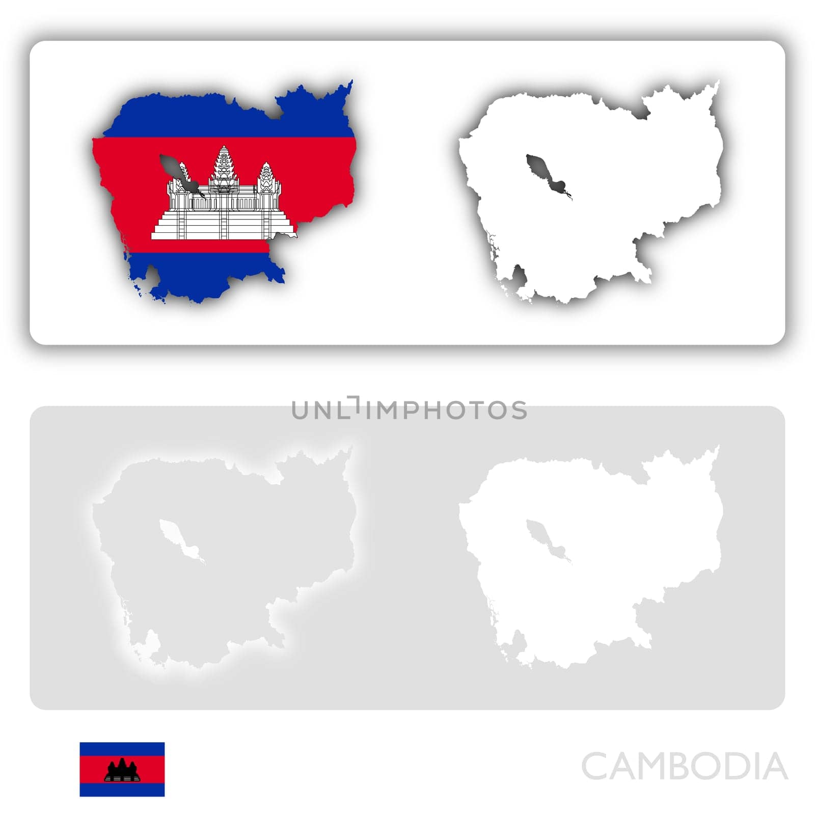 Cambodia map with flag and shadow on white and grey background