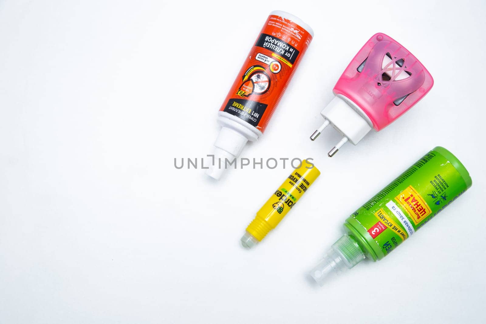 Mosquito repellents are lying in a corner on a white background. High quality photo