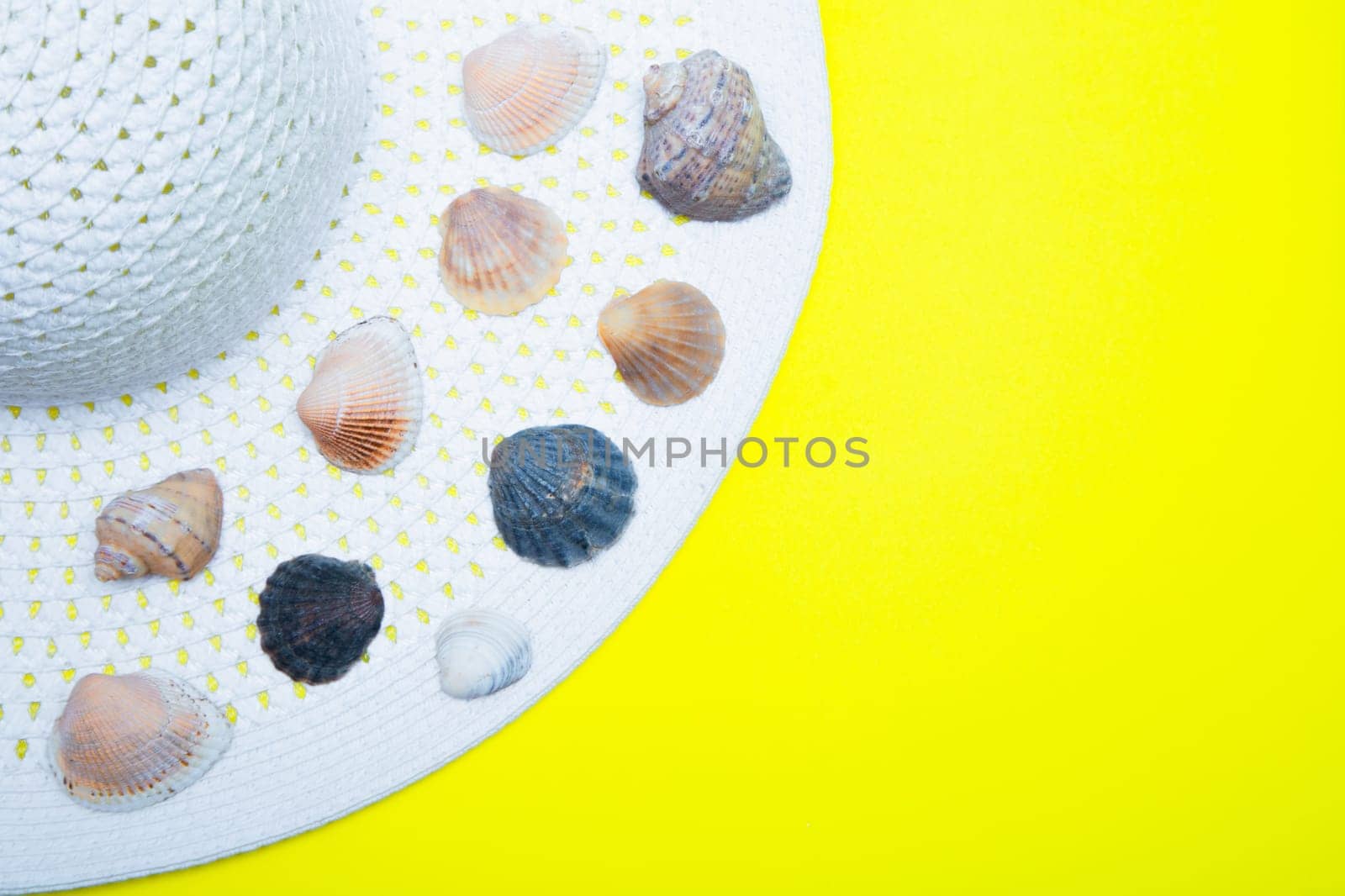 On a white sun hat with a wide brim there are shells of various shapes and sizes on a yellow background with a place for text. High quality photo