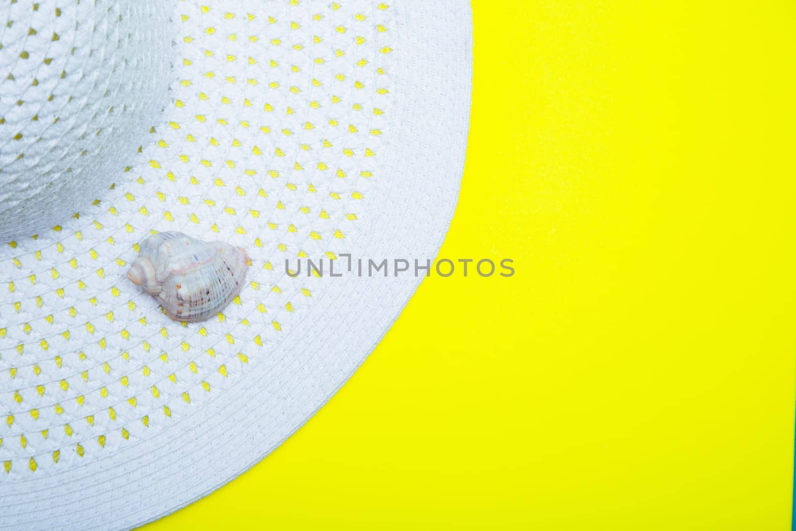 On a white sun hat with a wide brim there is a shell on a yellow background with a place for text. High quality photo