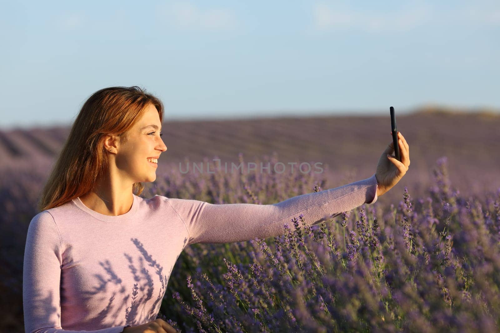 Profile of a happy woman taking selfie with smart phone in lavender field at sunset