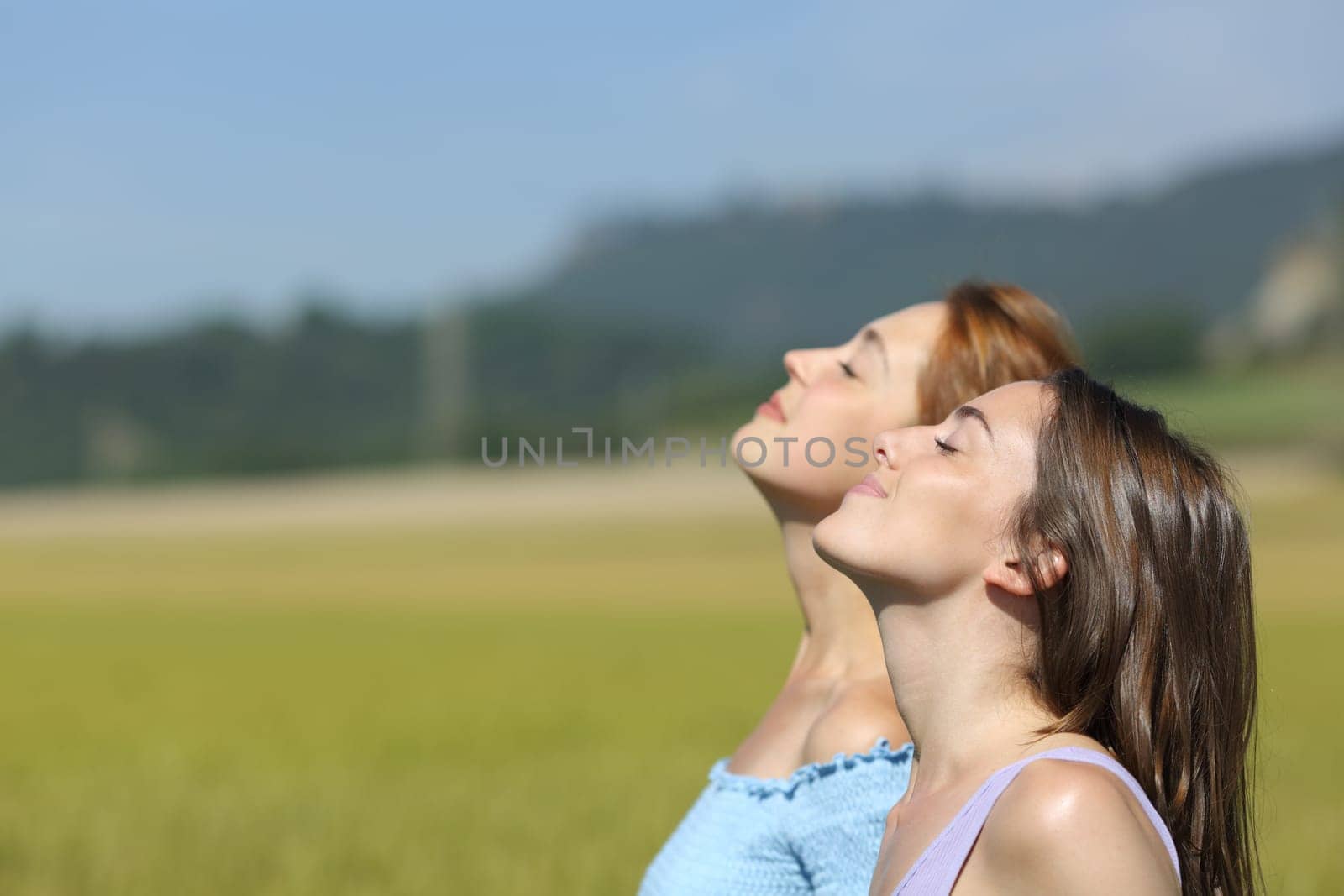 Side view portrait of two women breathing fresh air in a wheat field