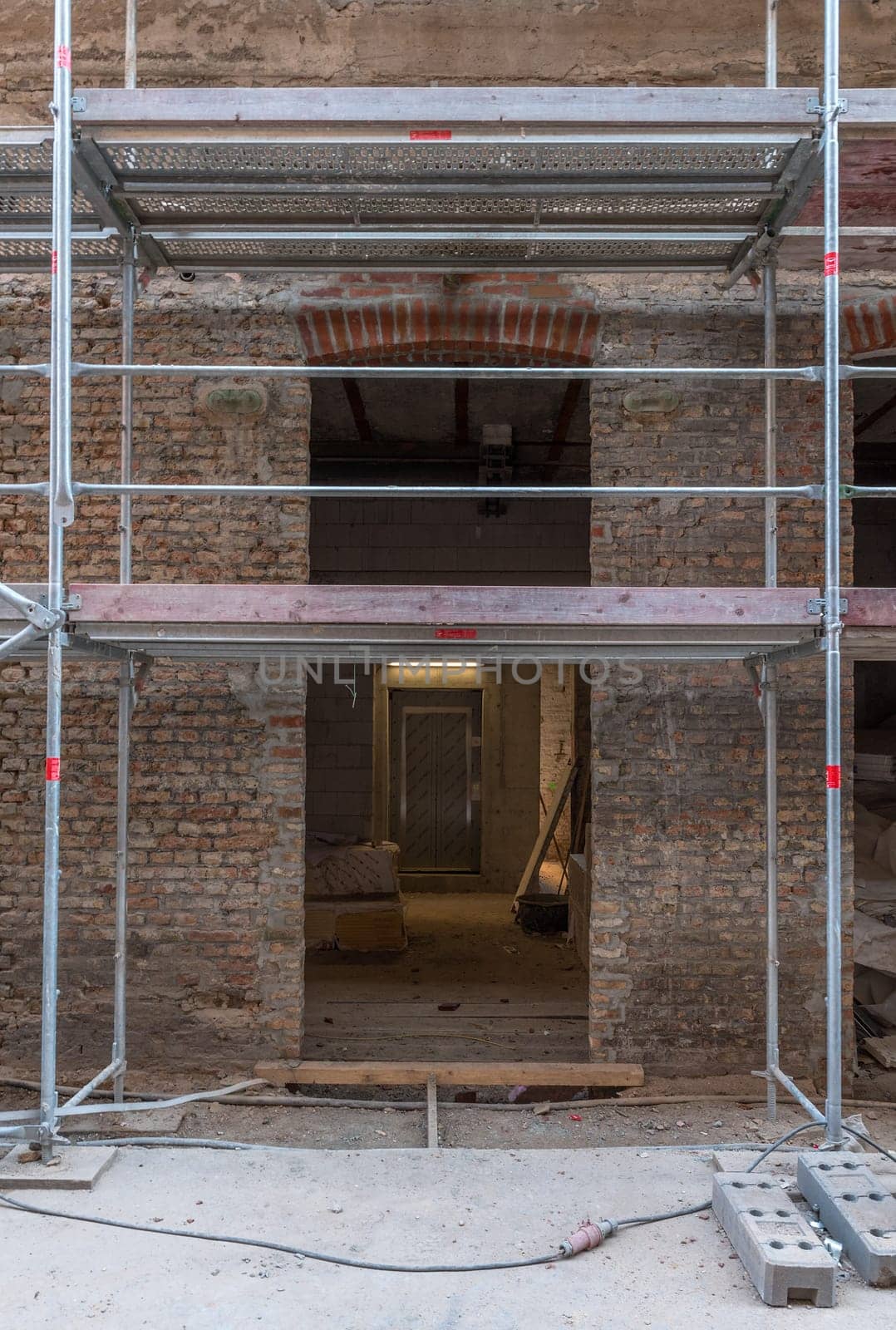 Scaffolding on the facade of a former factory