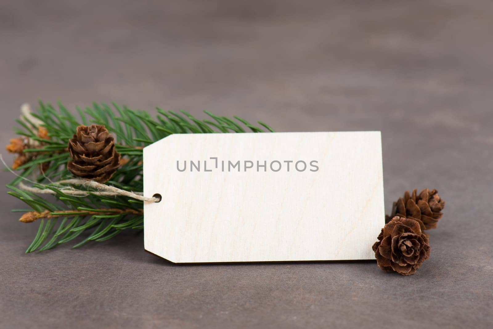 Empty sign with christmas decoration, branch of fir and cones, textured brown background