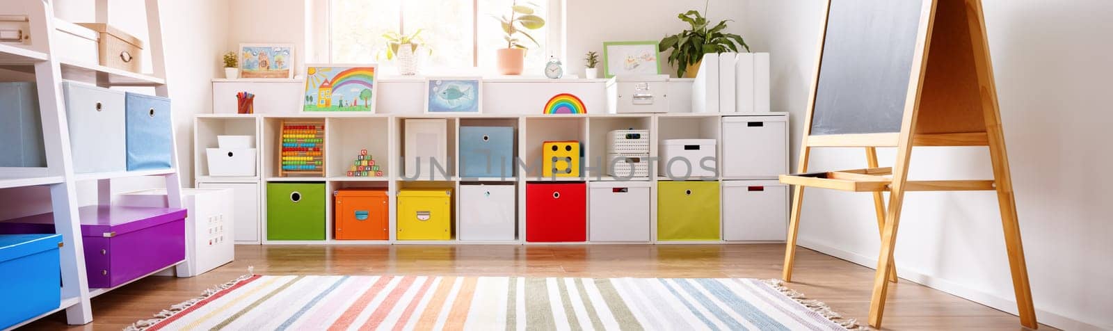 White nursery room with shelves and colourful boxes. Conceptual symbol of the preschool, kidergarten or child's cabinet.