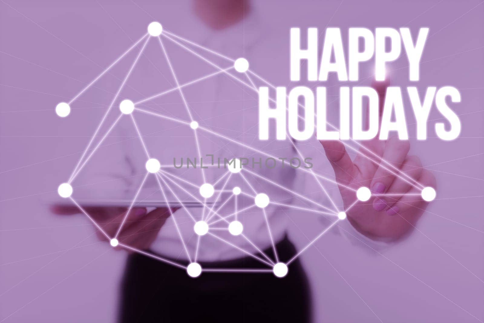 Text showing inspiration Happy Holidays, Business approach Made a short journey by a group of showing for pleasure Lady Holding Tablet Pressing On Virtual Button Showing Futuristic Tech.