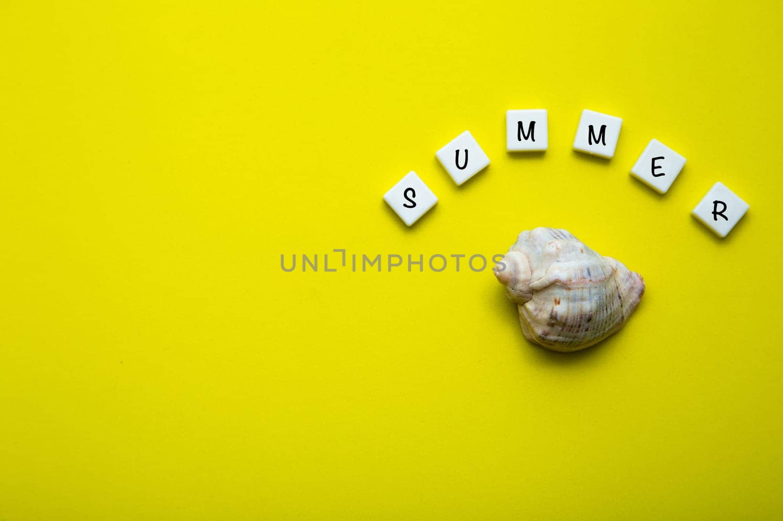 On a yellow background there is a shell and the word summer is written above it. High quality photo
