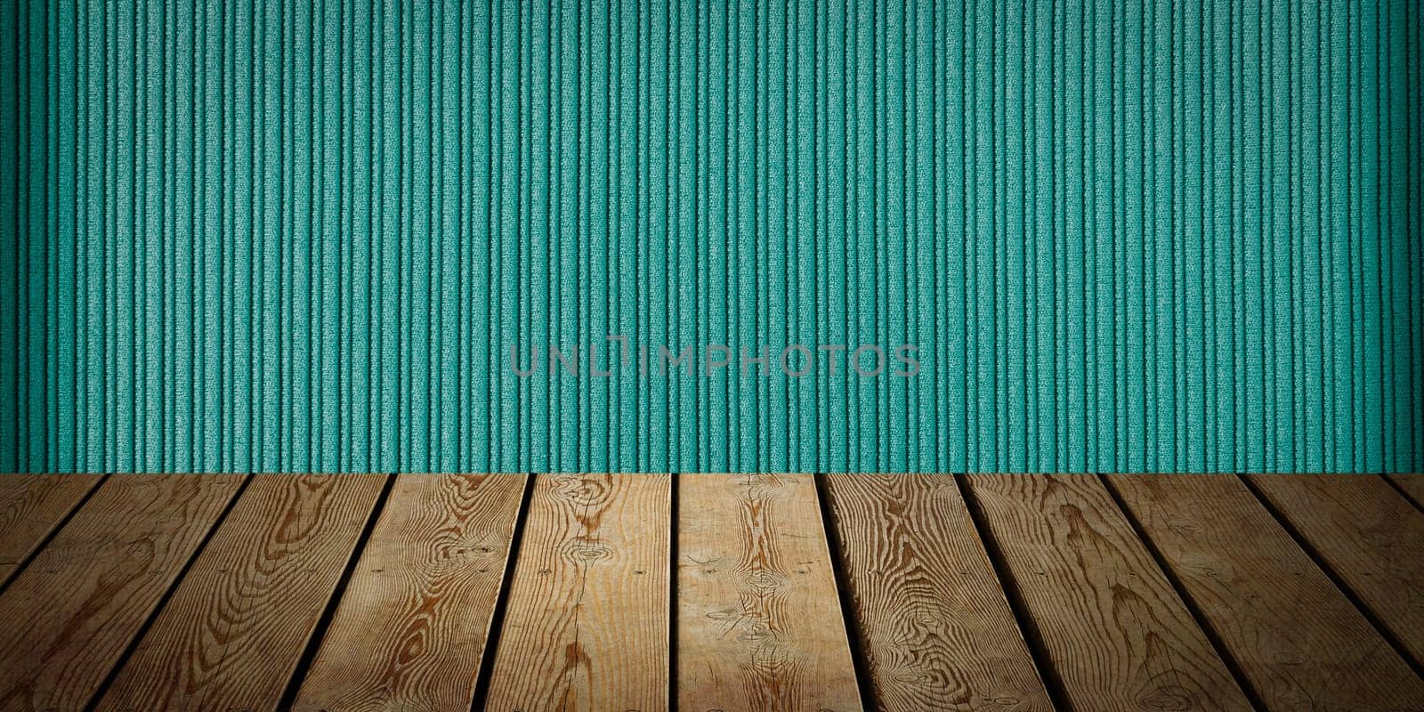 The background is blank wooden boards and a textured striped wall with gradient lighting and vignetting. For product demonstrations, free space, layout, mockup, perspective board, background board.