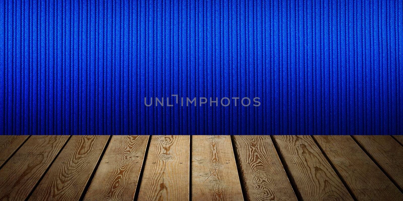 The background is blank wooden boards and a textured striped wall with gradient lighting and vignetting. For product demonstrations, free space, layout, mockup, perspective board, background board.
