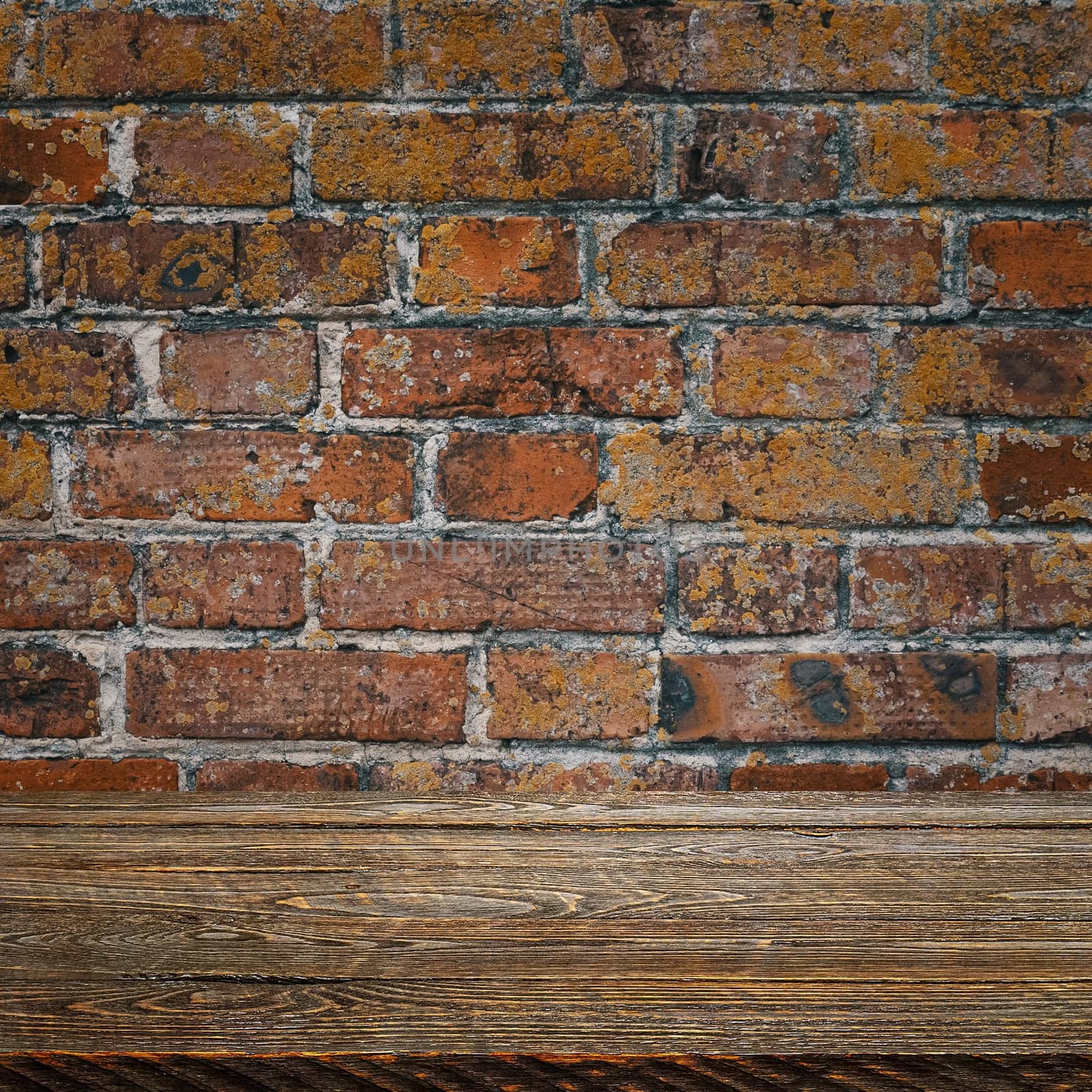 The background is blank wooden boards and a textured brick wall with lighting and vignetting. For product demonstrations, free space, layout, mockup, perspective board, background board.